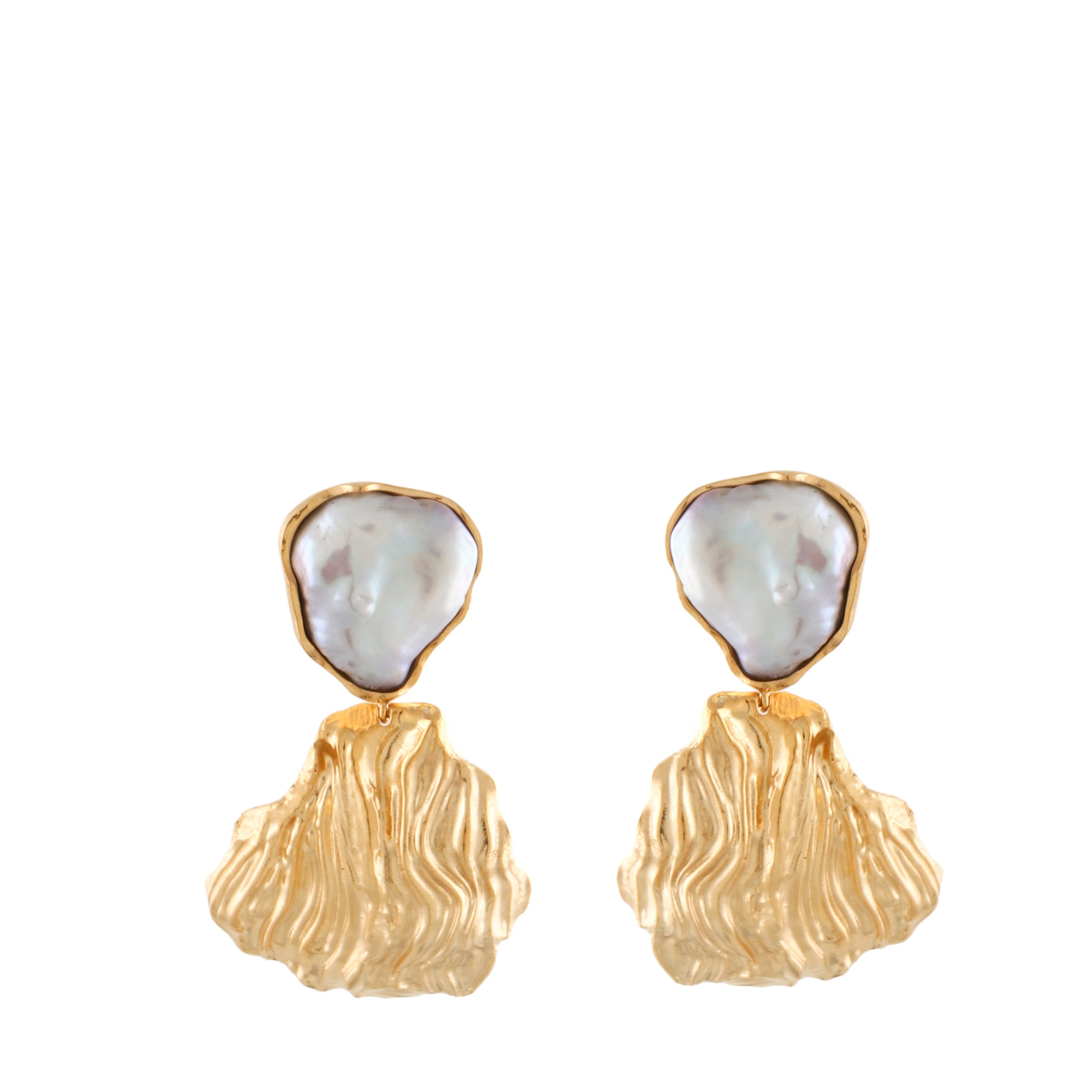 Pair of baroque pearl and gold-toned textured petal drop earrings with an irregular, organic shape.