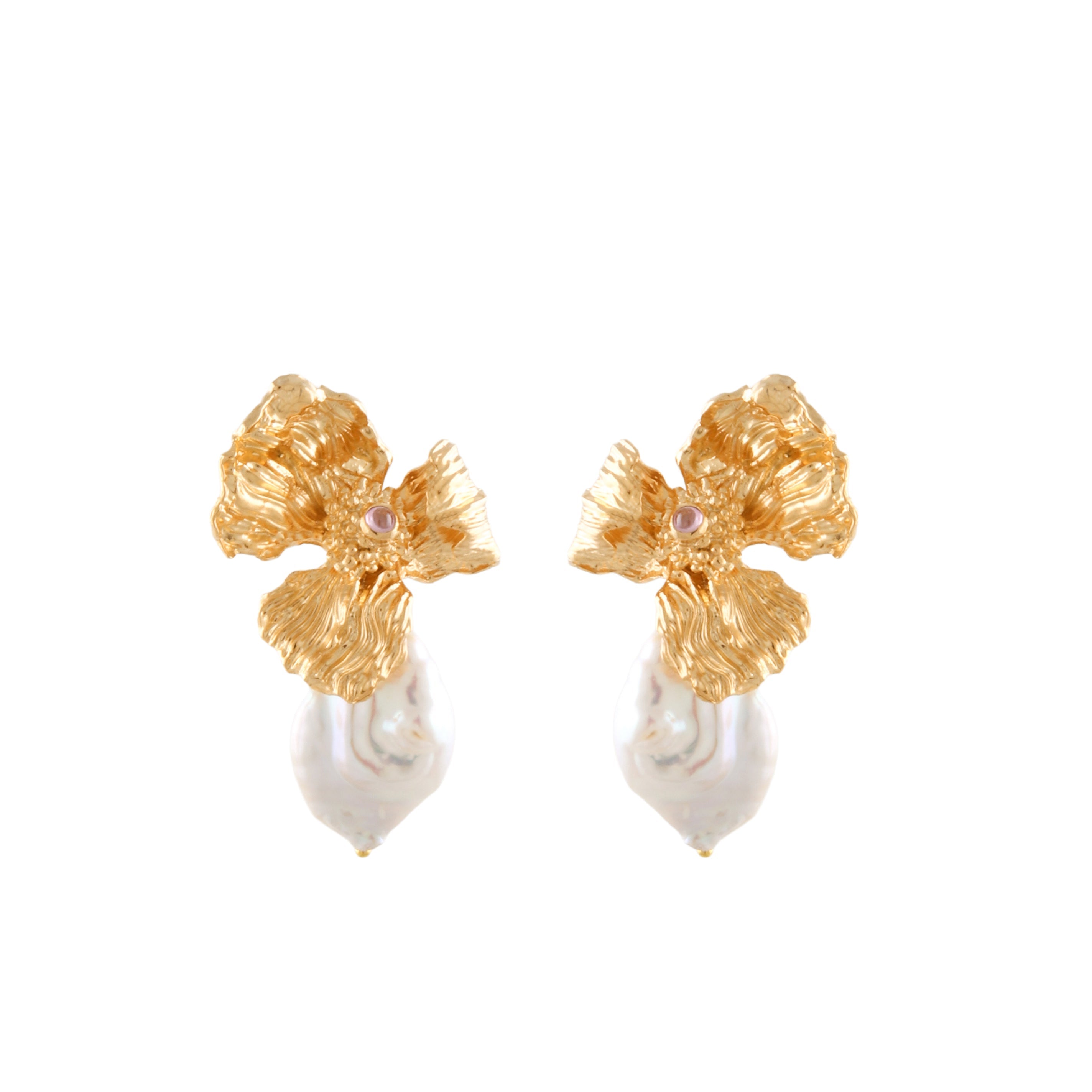 Pair of gold-toned floral earrings with a small pink stone and dangling white baroque pearls.