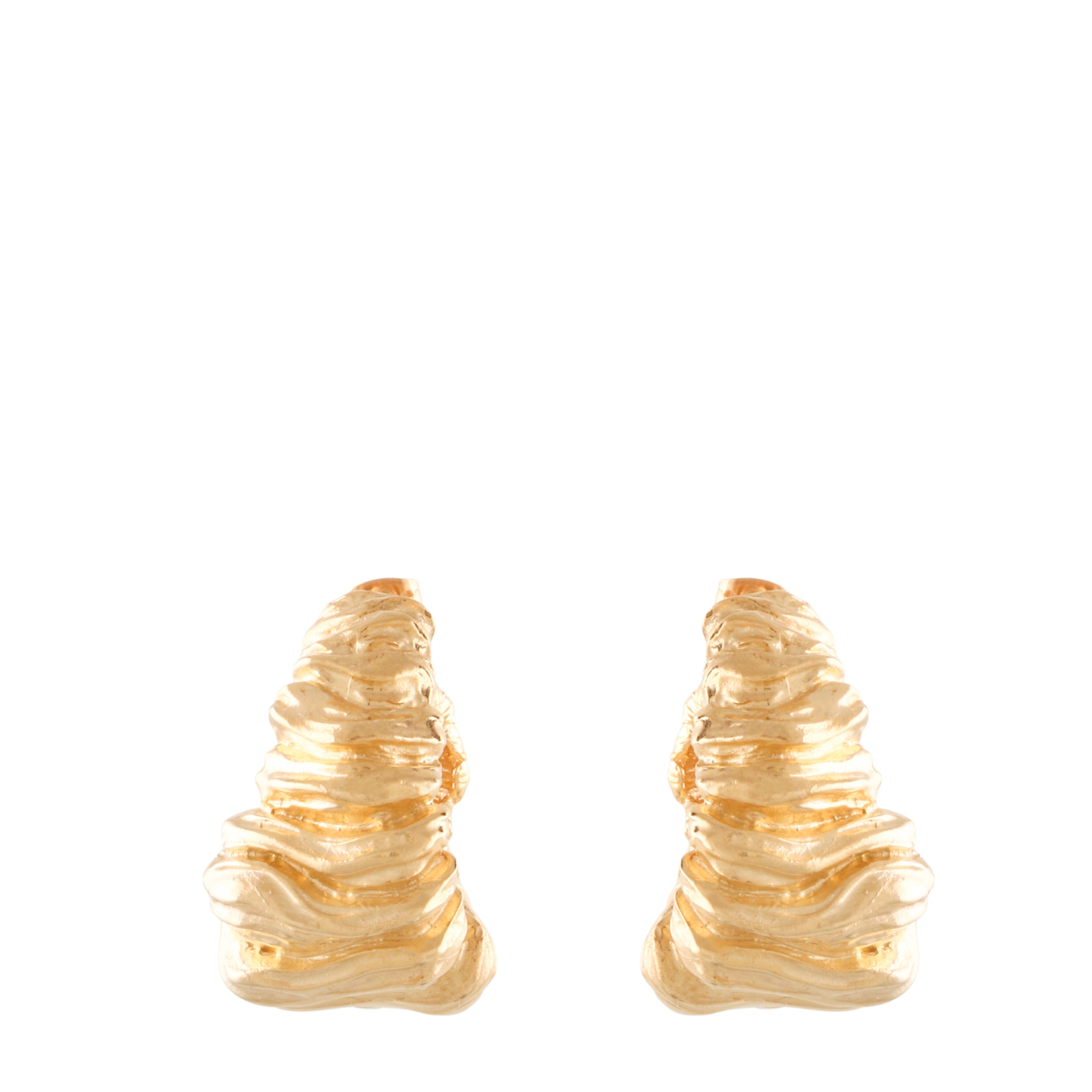 Pair of gold-toned statement hoop earrings with a sculptural, wavy, and rippled texture.