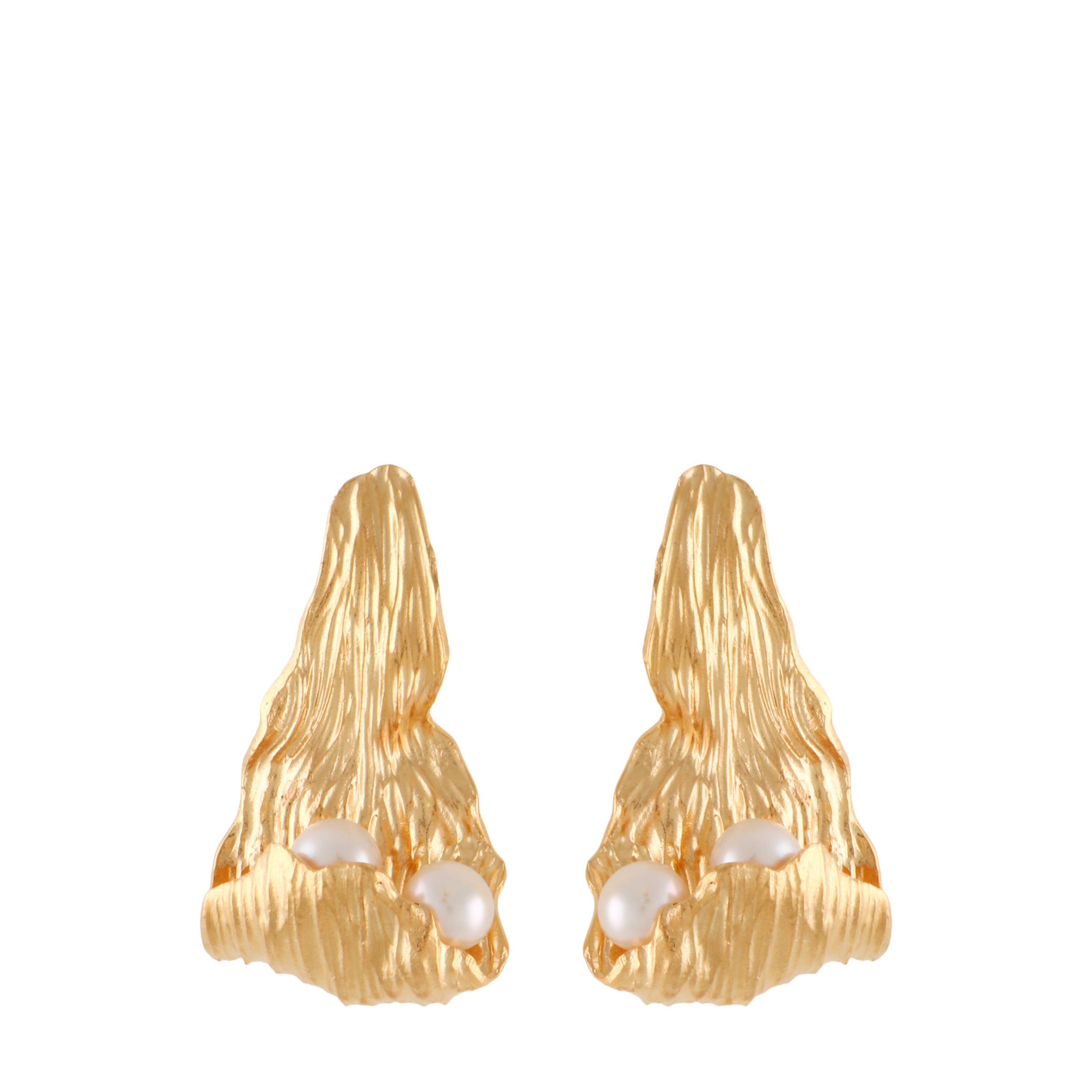 Pair of gold-toned textured petal earrings with embedded white cultured pearls.