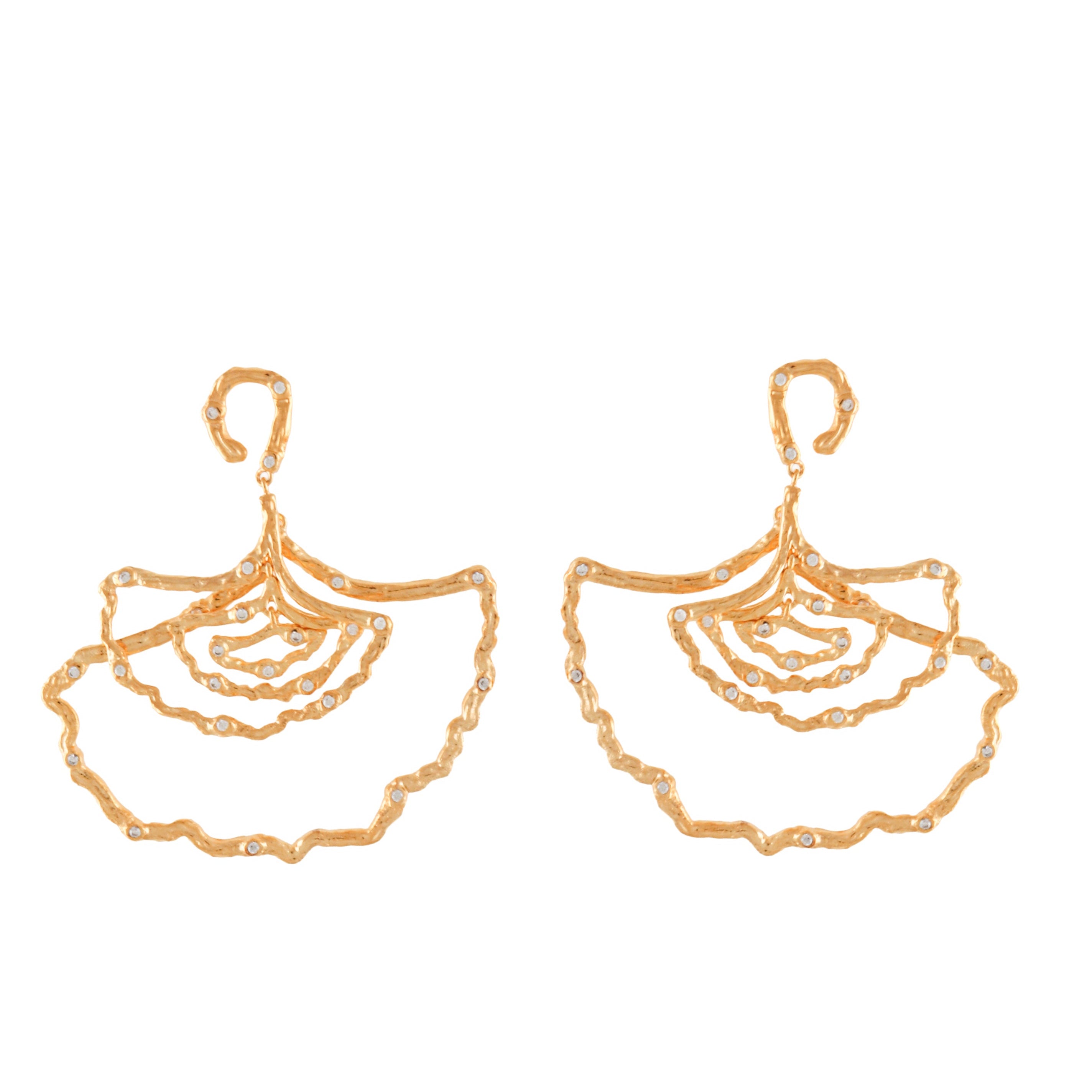 Pair of gold-toned multi-petal drop earrings with textured finish and clear stone embellishments.