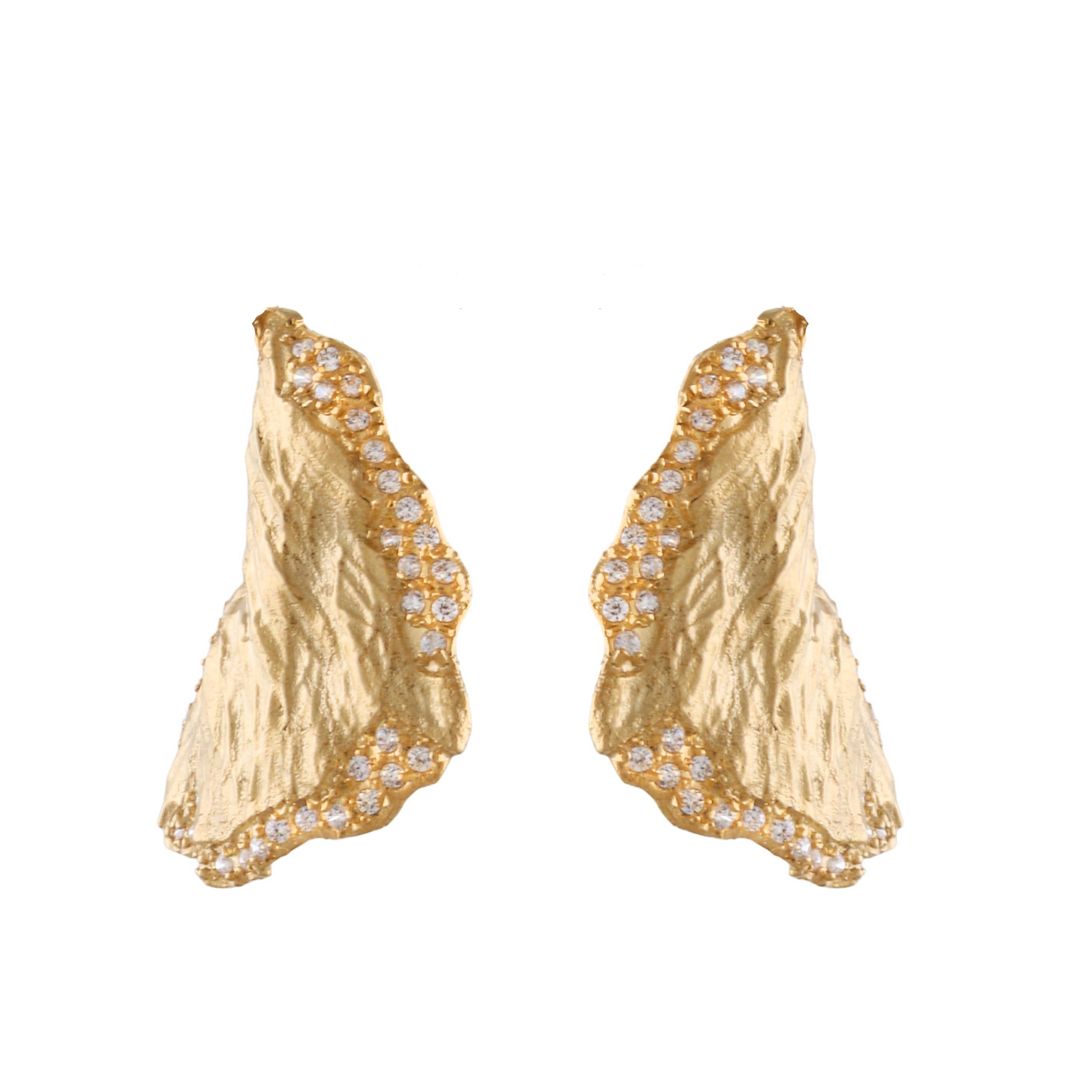 Pair of large gold-toned petal-shaped hoop earrings with a textured surface and clear handset stones along the edges.