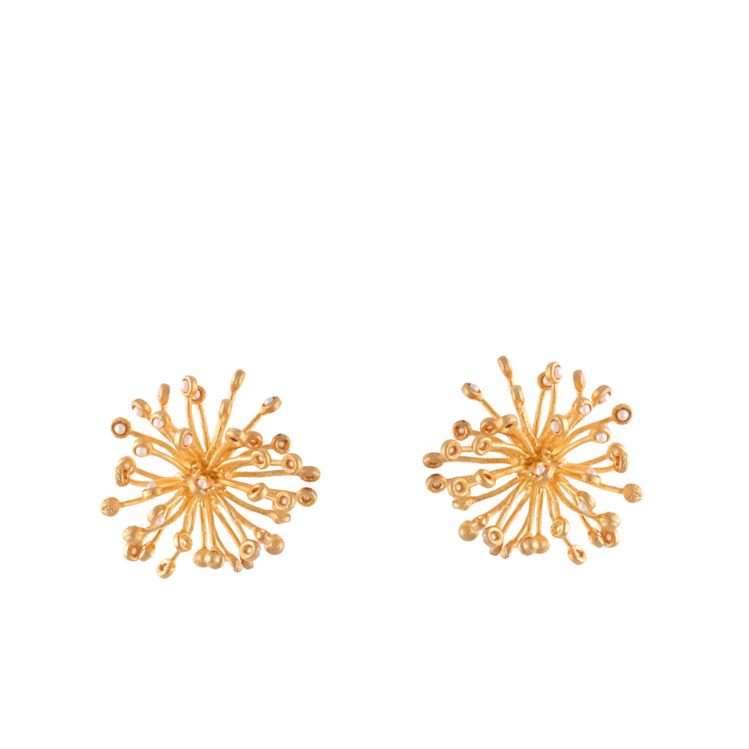 Pair of gold-toned starburst earrings with radiating elements and small white pearl beads.