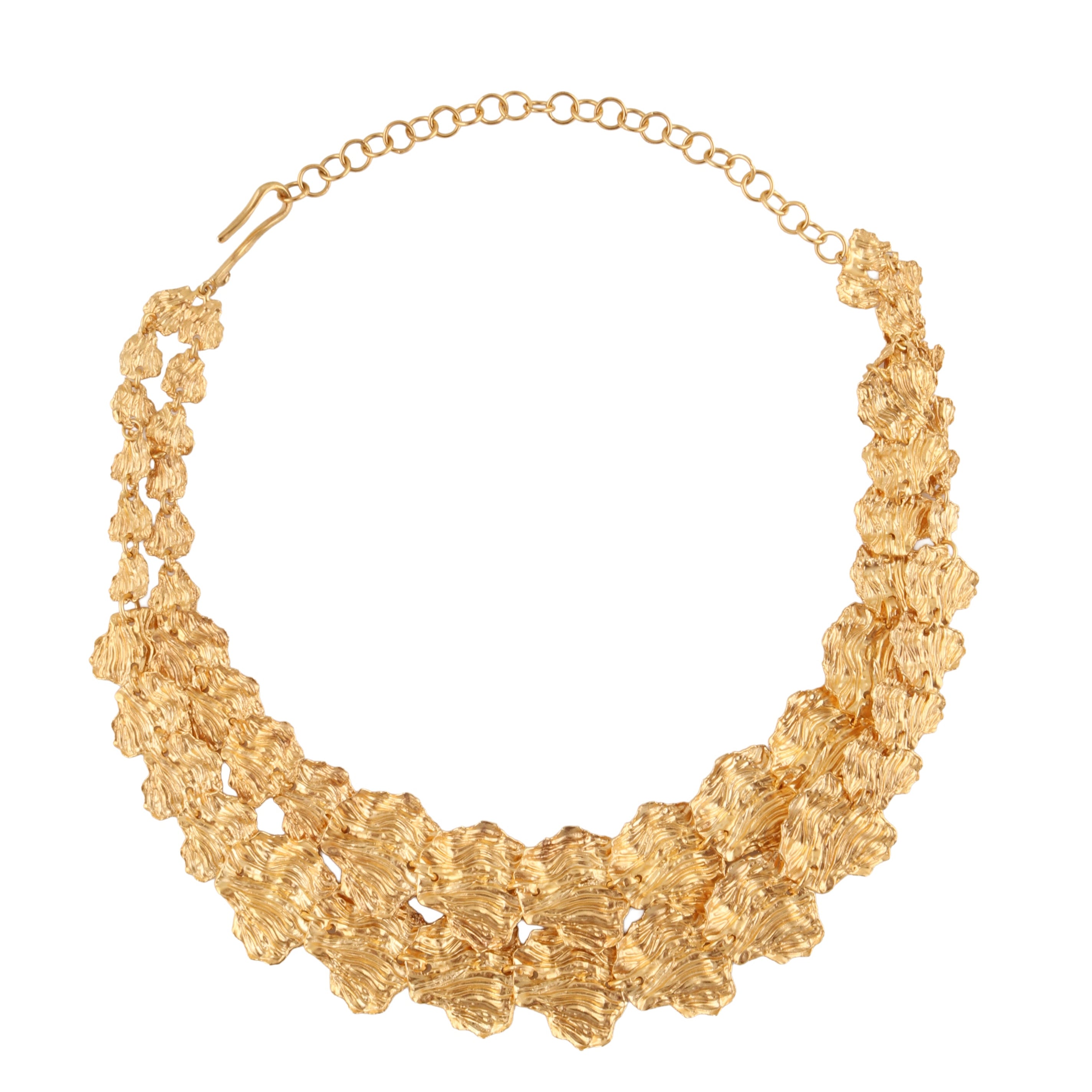 Gold-toned multi-layered necklace with textured, crinkled petal-like links and a hook clasp closure.