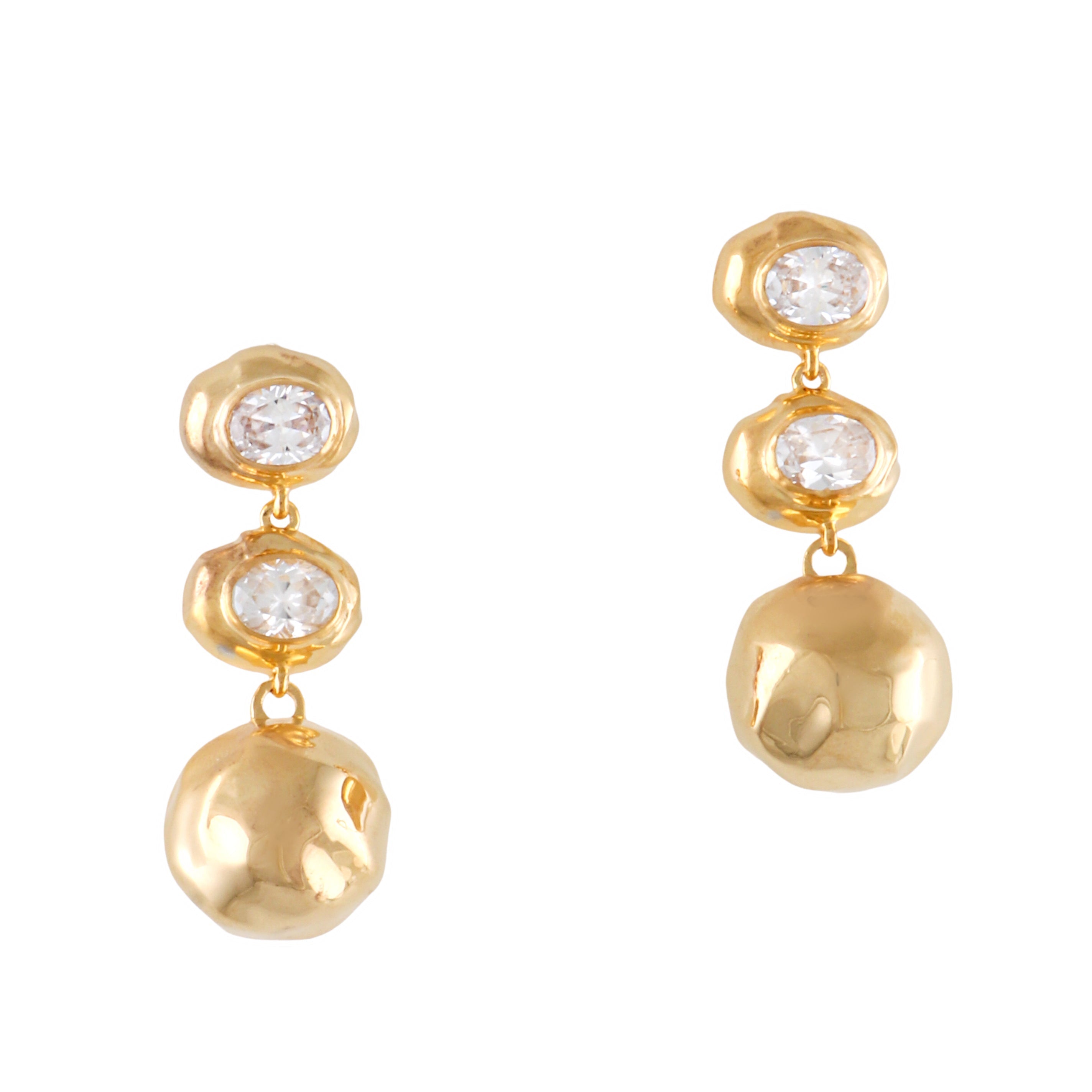 Pair of gold-toned dangling earrings, each with two oval clear stones in irregular bezels and a larger irregular gold-toned o