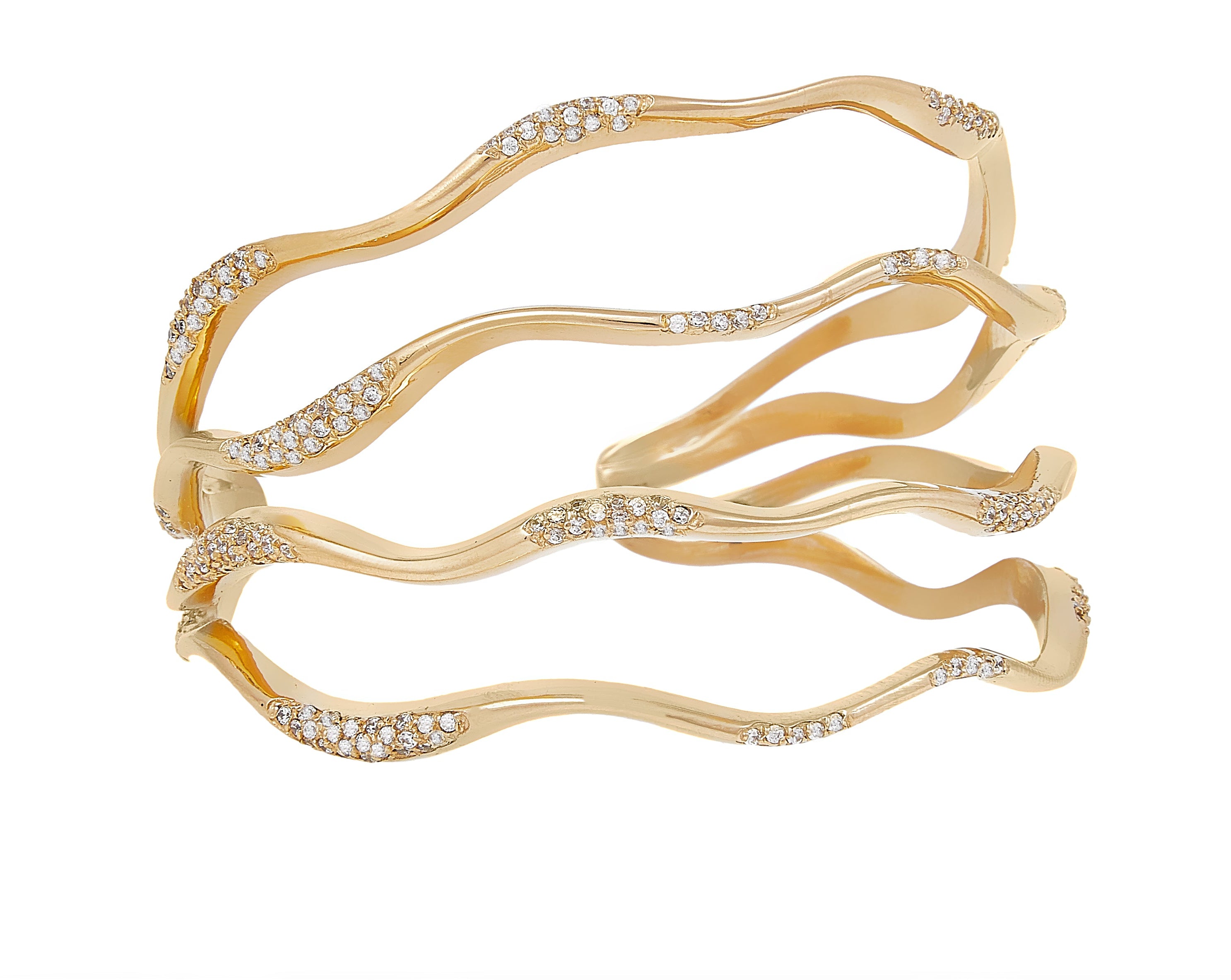 Gold-plated multi-band cuff bracelet with wavy design and pave-set clear crystals along the curves.