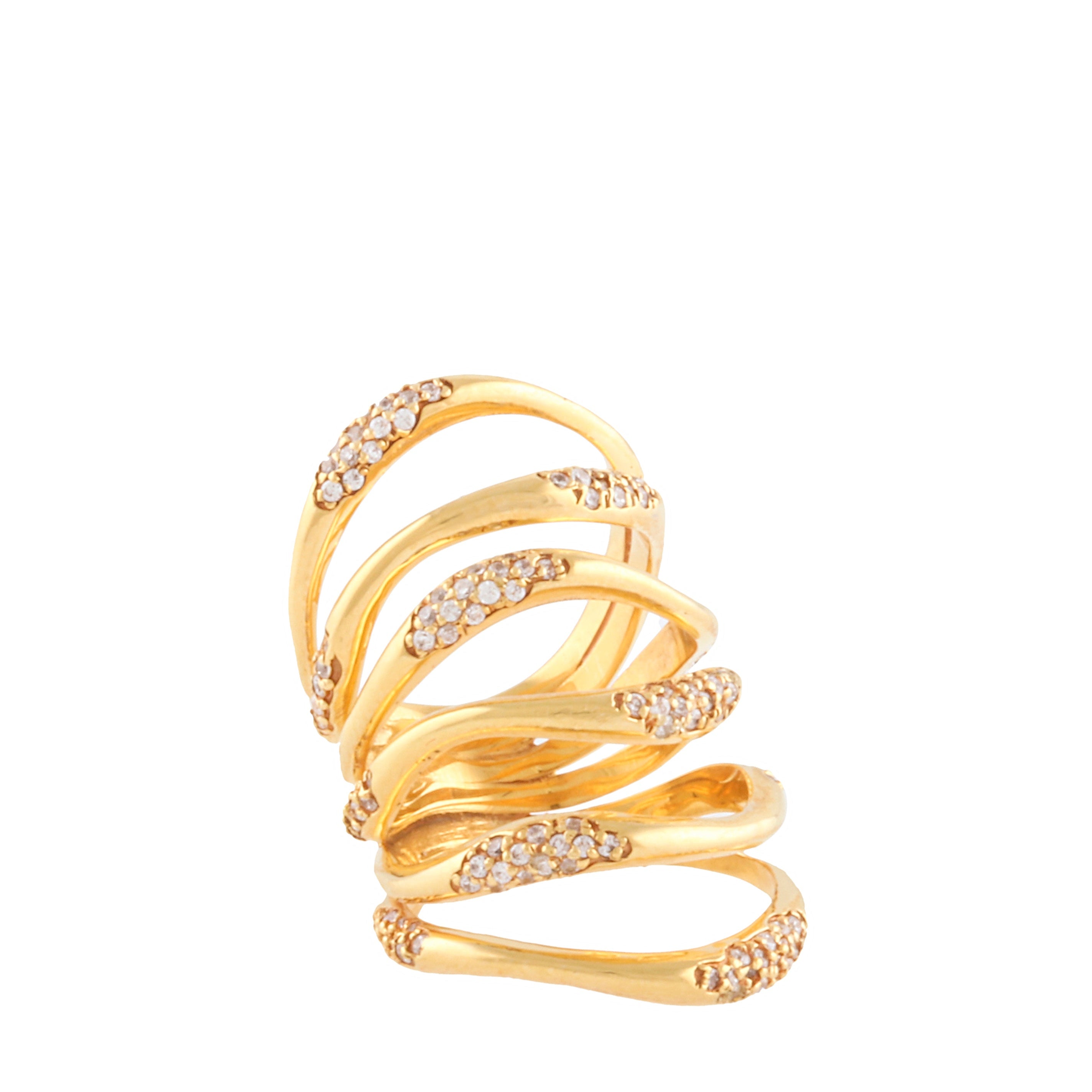 Gold-toned multi-wave long ring featuring several bands embellished with rows of clear pave stones