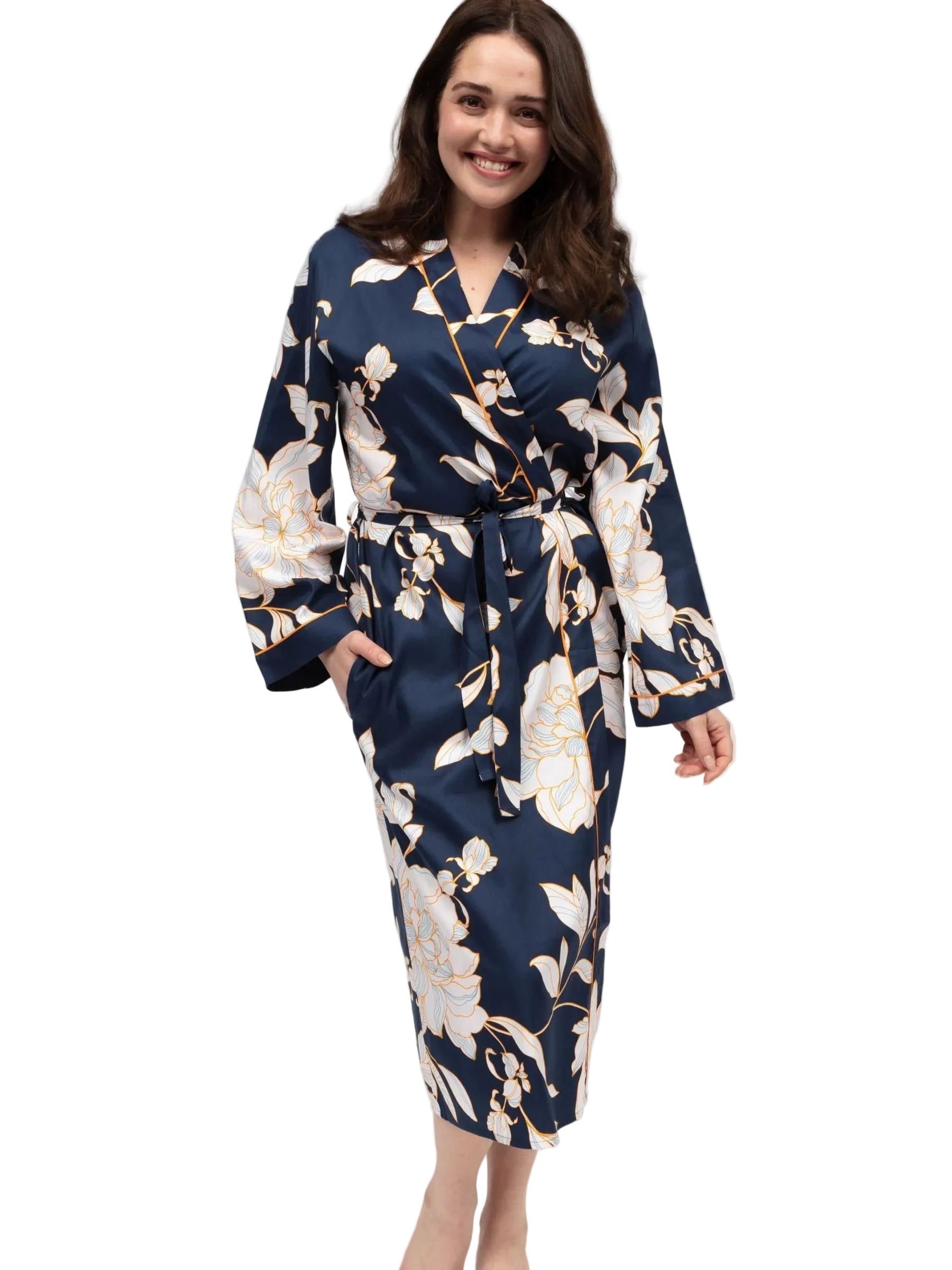 Navy long dressing gown with white and gold floral print, V-neck, long sleeves, and self-tie belt.