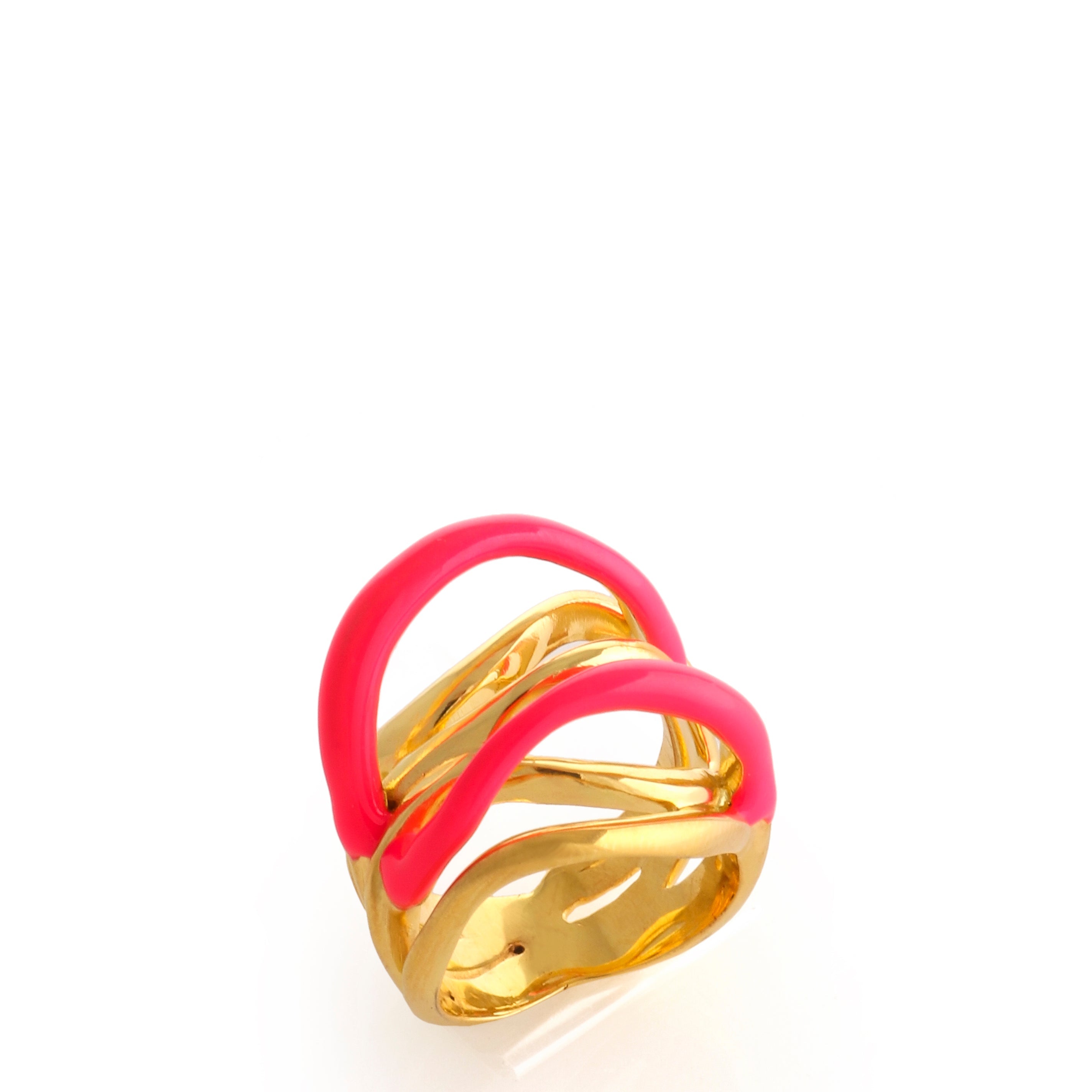 Gold-toned multi-wave ring with bright pink enamel detailing on intertwined bands.