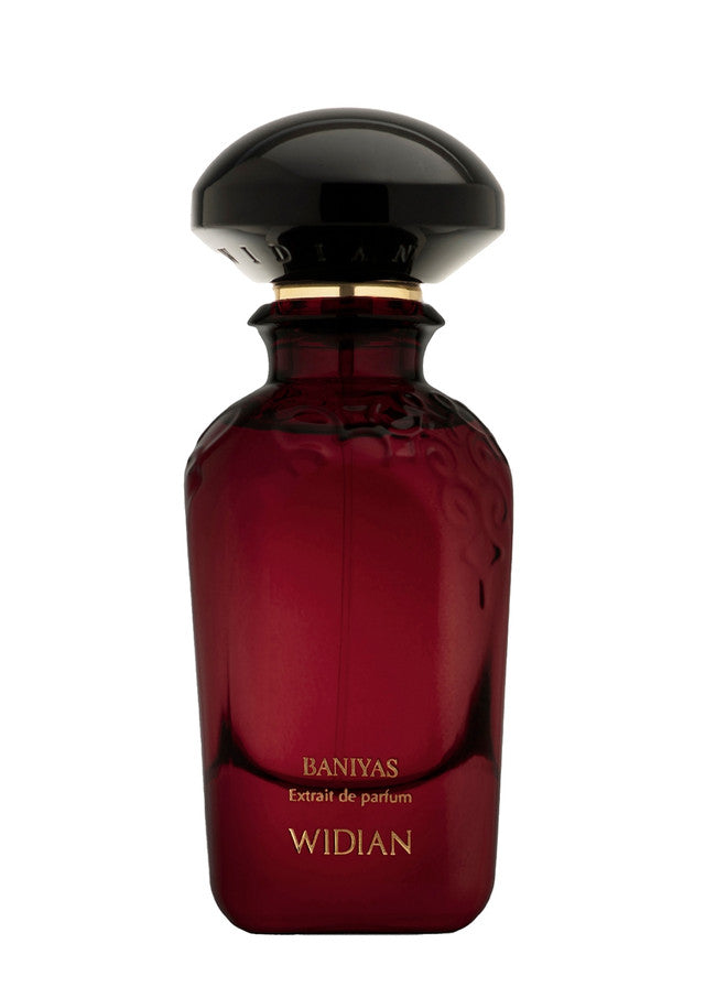 Red perfume bottle with black cap on a white background.