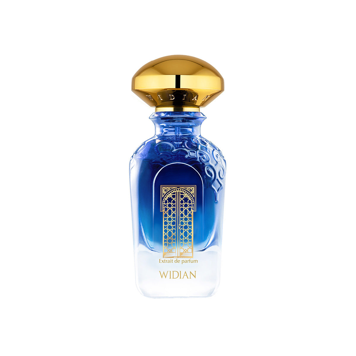 Widian Granada Extrait de Parfum showcased in an elegant blue ombré glass bottle that fades to clear at the base, detailed with an intricate gold archway design and crowned with a polished gold metallic cap, available at blue salon.