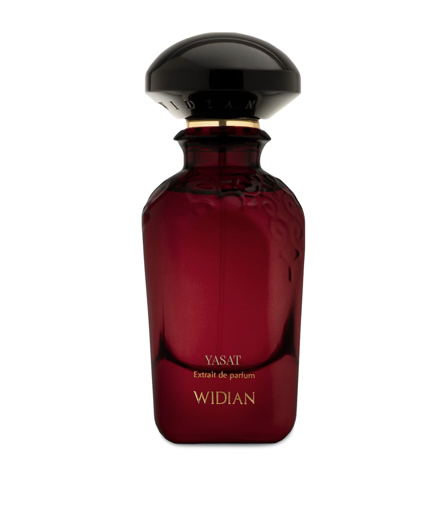 Widian Yasat Extrait de Parfum showcased in its signature deep translucent red glass bottle, crowned with a glossy black sculpted cap and featuring gold brand lettering, available at blue salon.