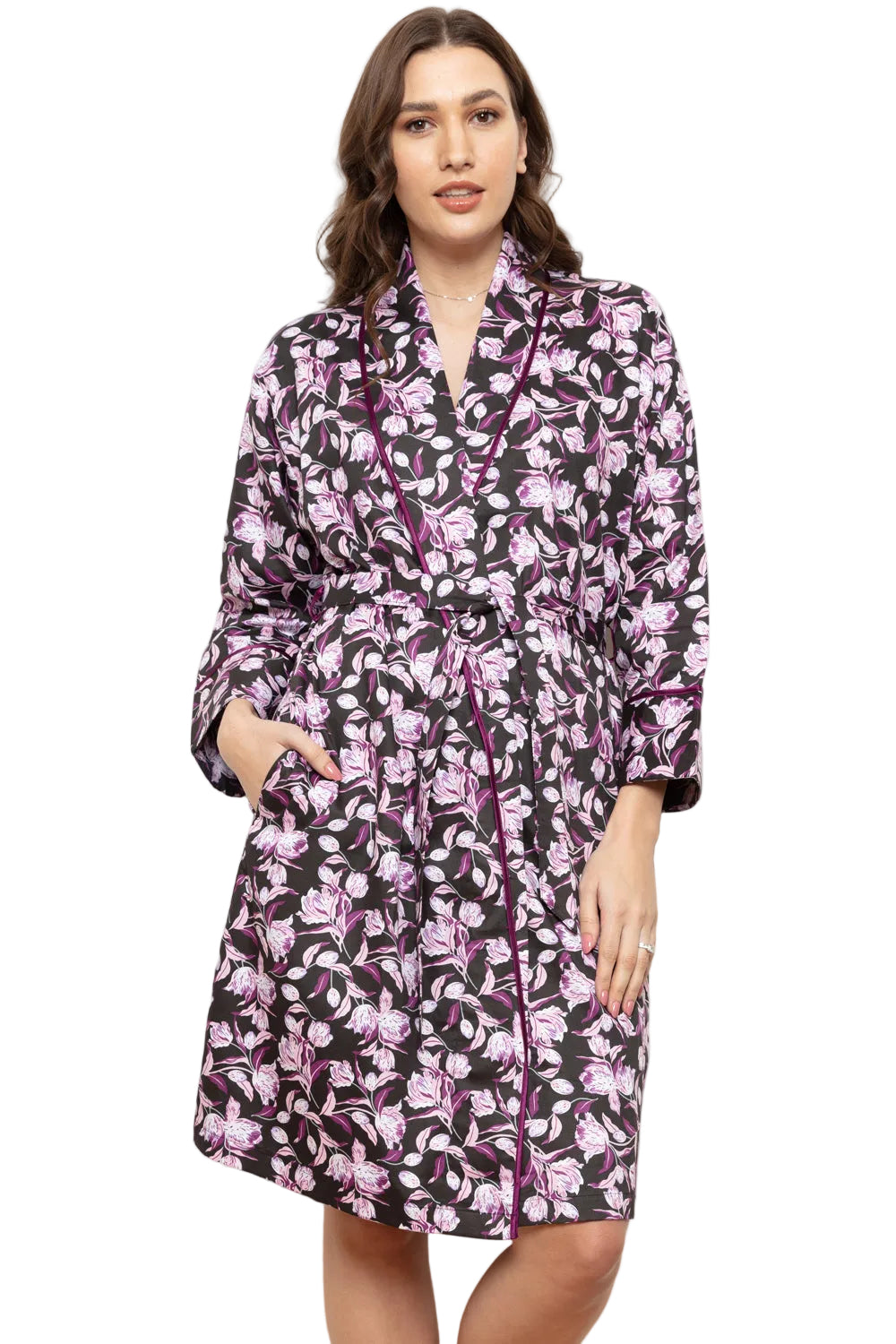 Plum and pink floral print cotton sateen shawl robe with a self-tie belt and contrast piping.