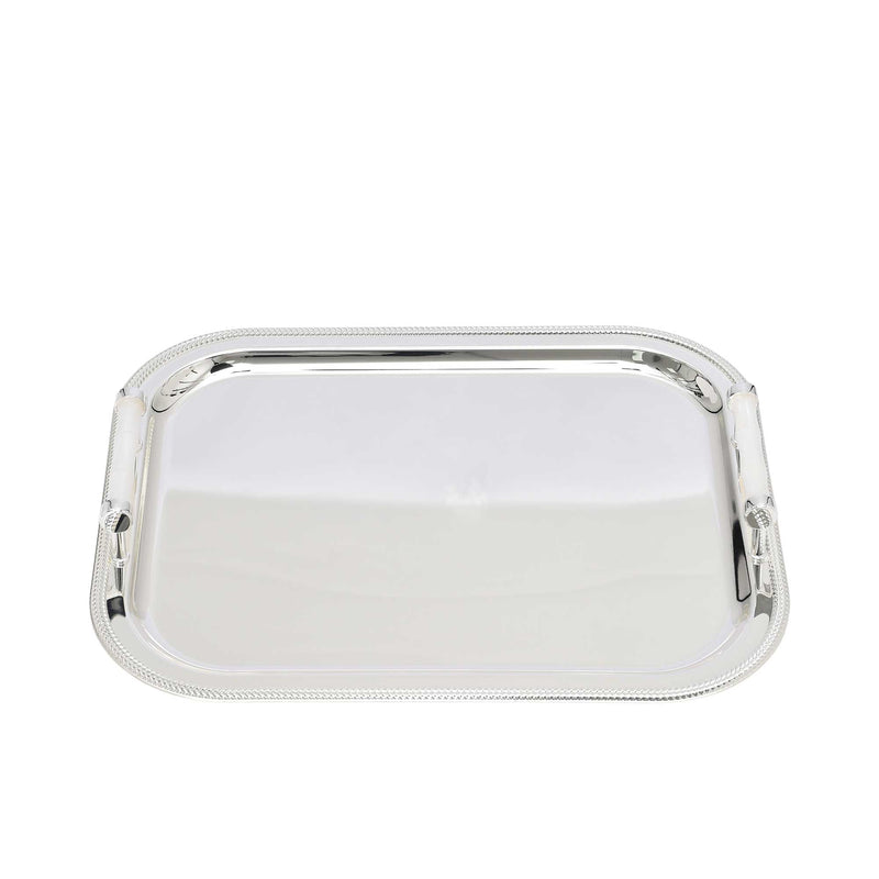 A rectangular silver-toned tray with a mirrored base and crystal-encrusted sides, reflecting a bright, clean background.