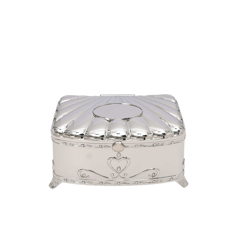 A decorative silver jewelry box featuring a scalloped shell-style lid and heart-shaped engravings on elegant curved feet.