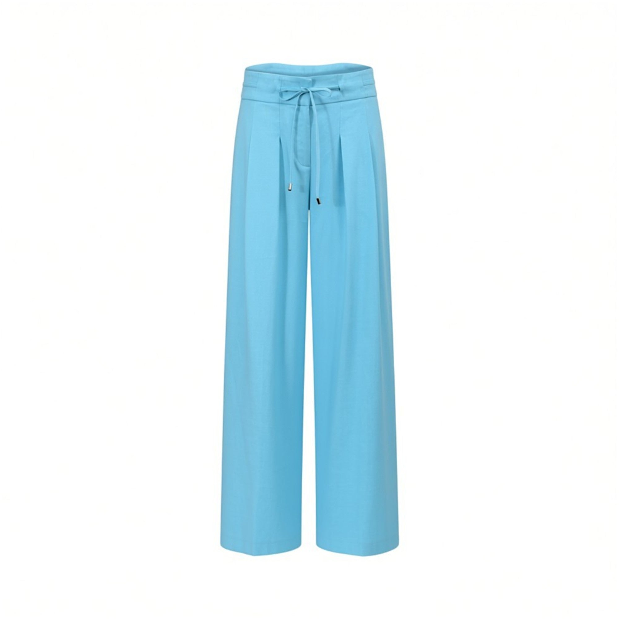 Front view of women's sky blue wide-leg trousers featuring a drawstring waistband with metal tips and front pleats, available at BLUE SALON shop.