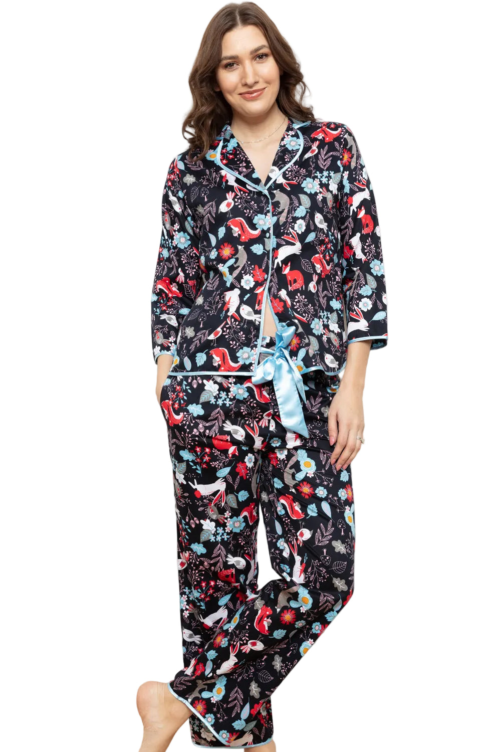 Navy and red cotton sateen pyjama set with woodland animal and floral pattern, light blue piping, and satin ribbon tie.