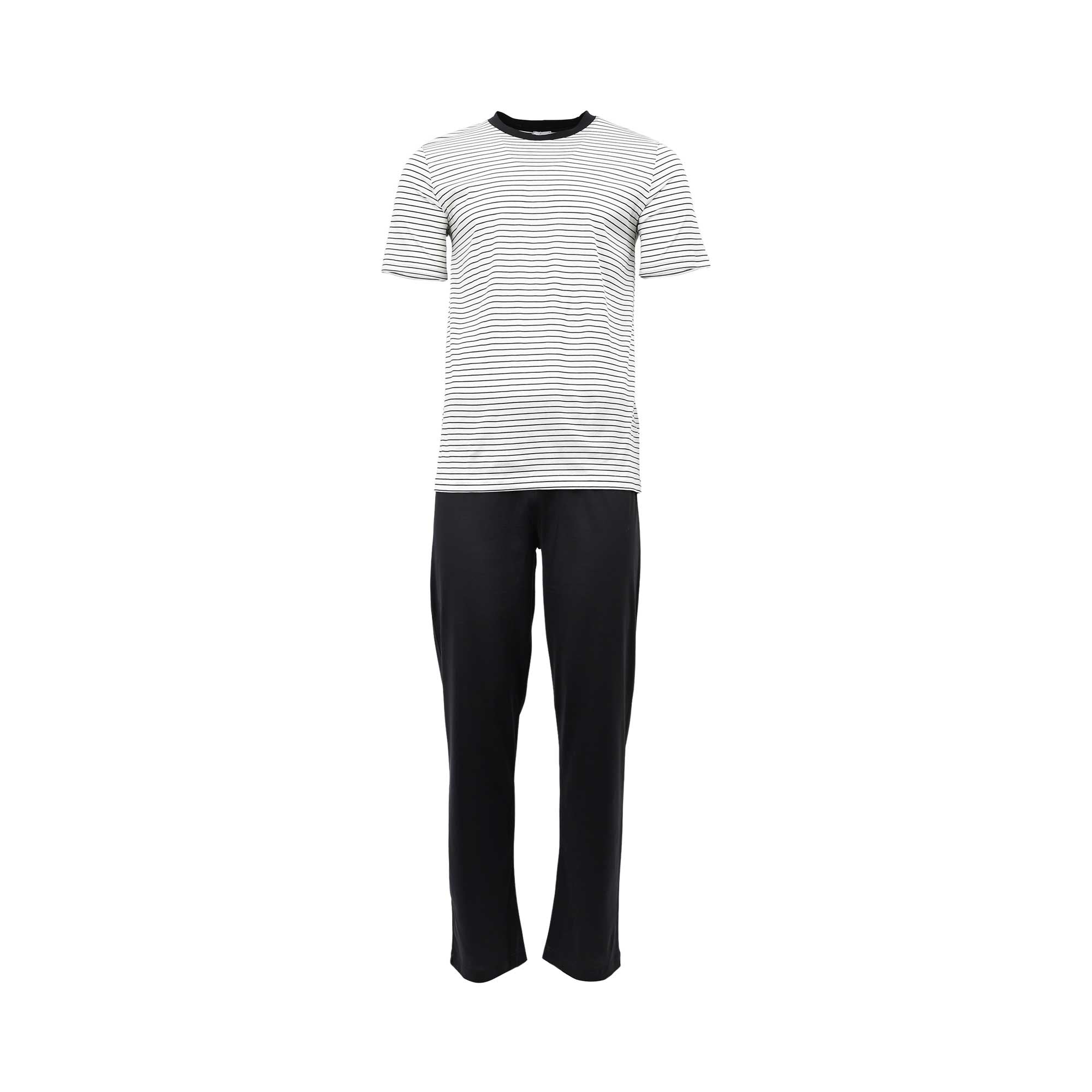 Zimmerli men's pyjama set with a white and espresso striped short-sleeve top and solid espresso long trousers.