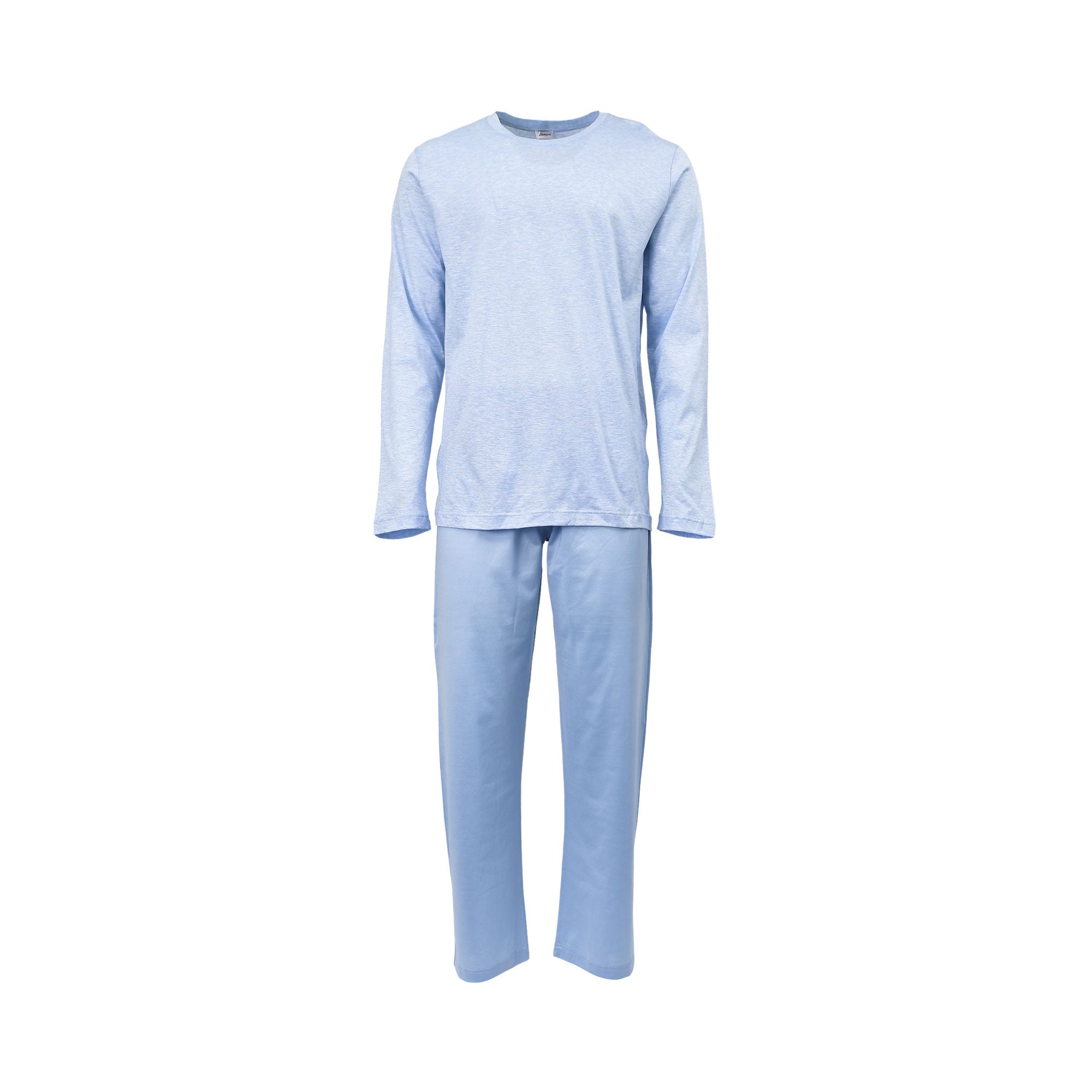 Light blue marl long-sleeved pyjama top with crew neck and matching light blue straight-leg pyjama trousers.