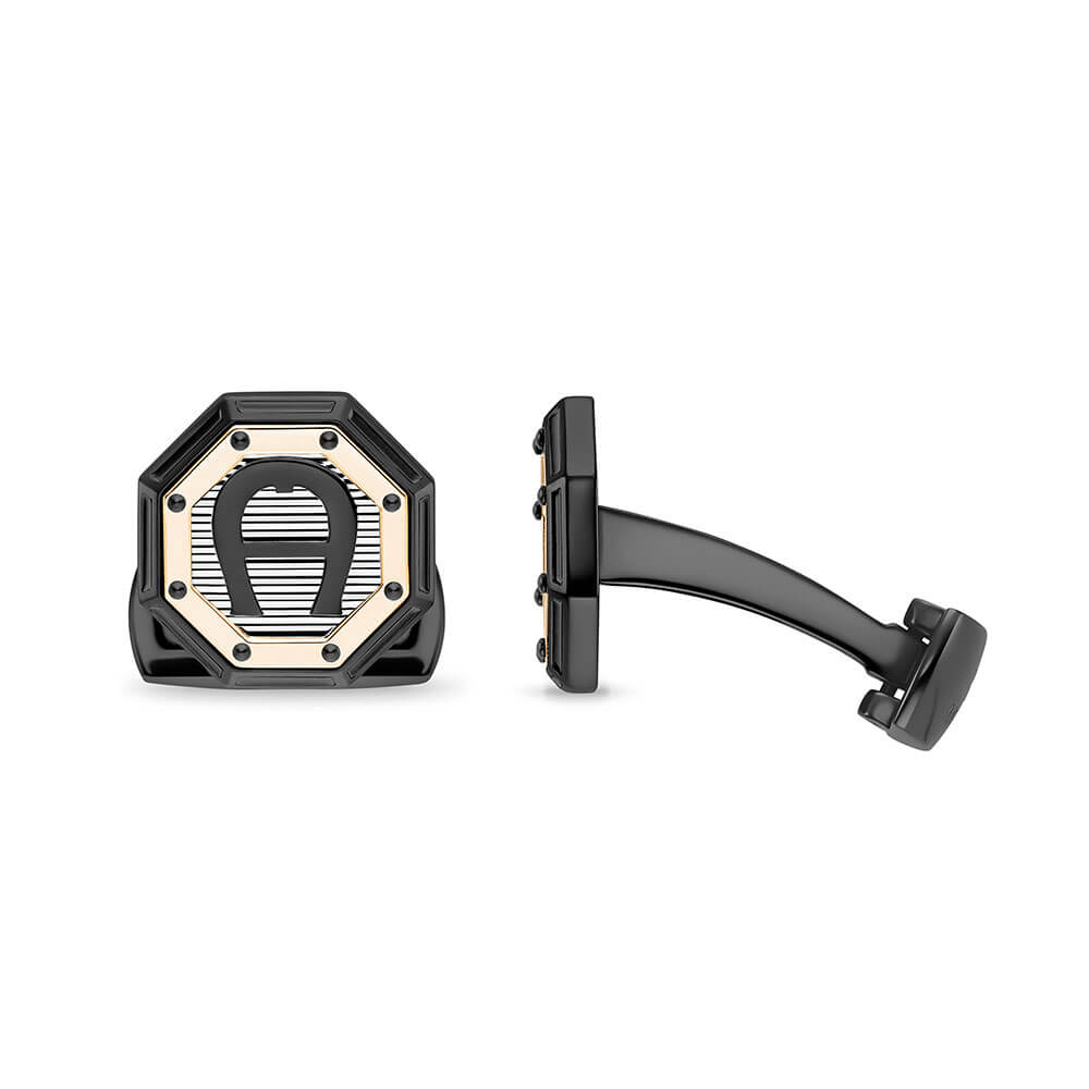 Aigner Adriano men's cufflinks featuring an octagonal black stainless steel frame with a rose gold and black striped A-logo center.