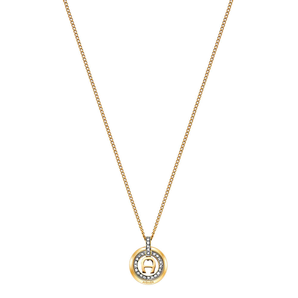 Aigner women's short necklace in yellow gold-plated stainless steel featuring a polished link chain and a central horseshoe-shaped A-logo.