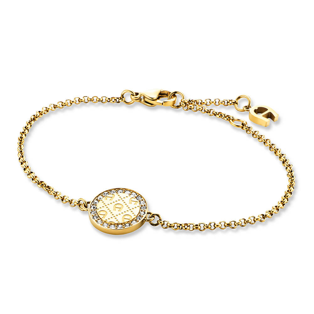 Aigner women's yellow gold-plated stainless steel chain bracelet featuring a circular charm with the A-logo monogram and a crystal-set border.