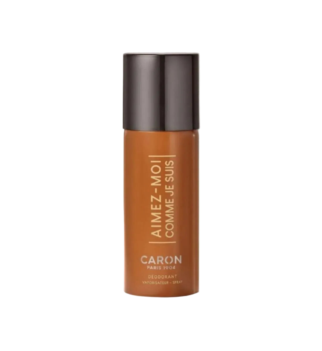 Caron deodorant bottle with brown body and black cap on a light gray background