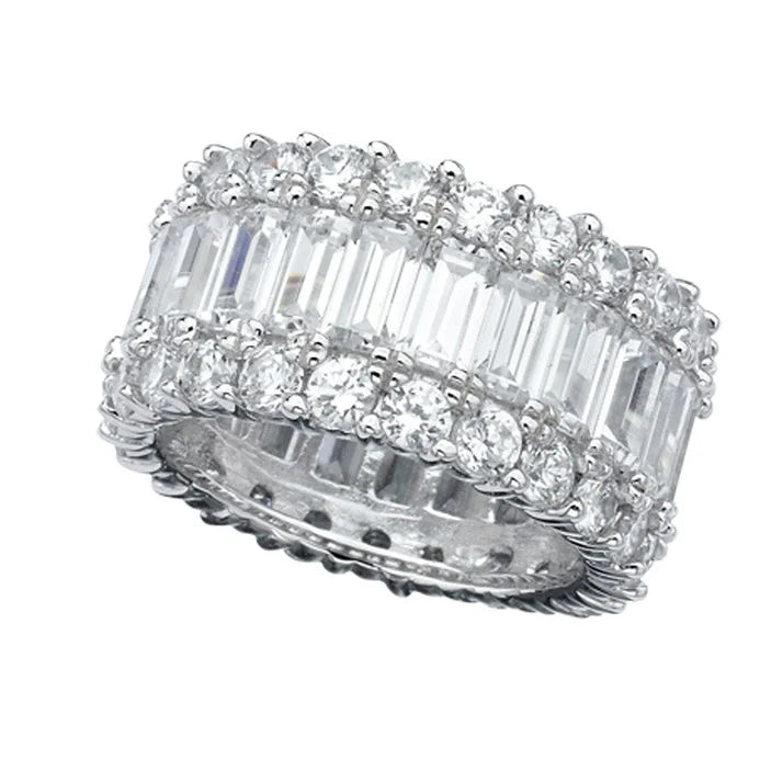 Wide silver-toned eternity ring with clear baguette and round-cut stones
