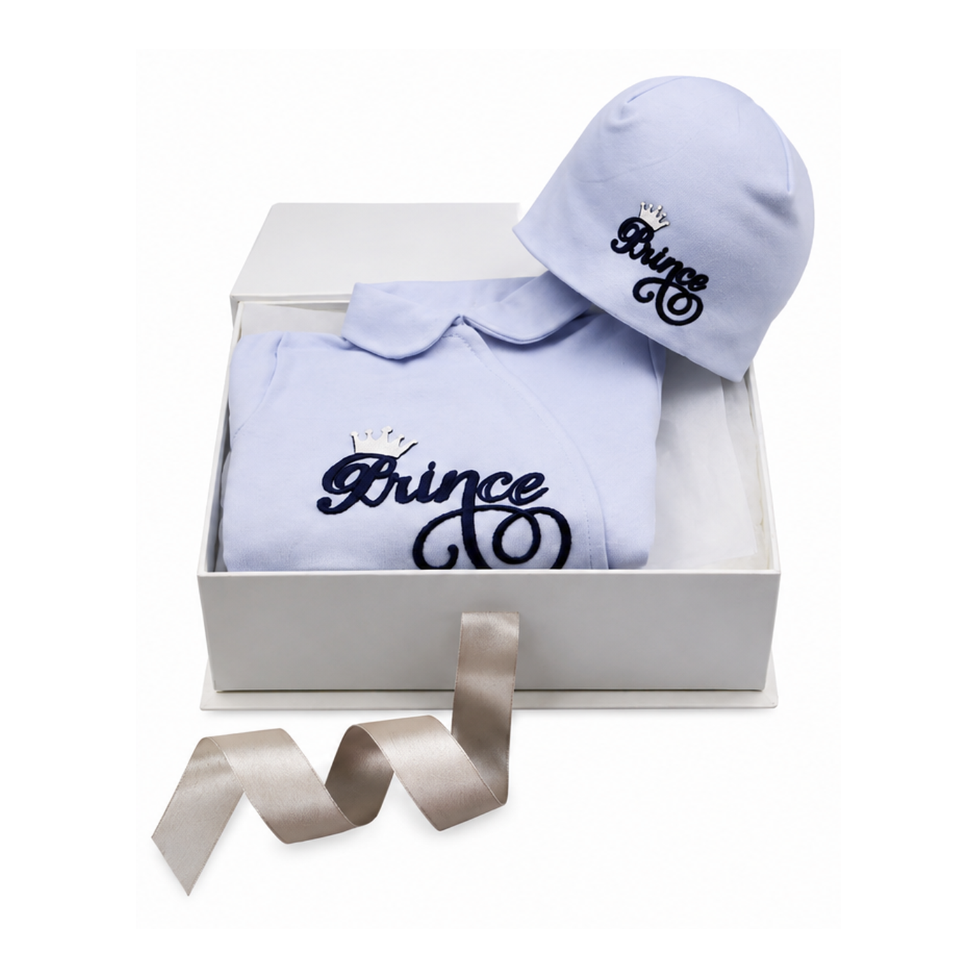 Light blue infant sleepsuit with 'Prince' embroidery and matching beanie hat.