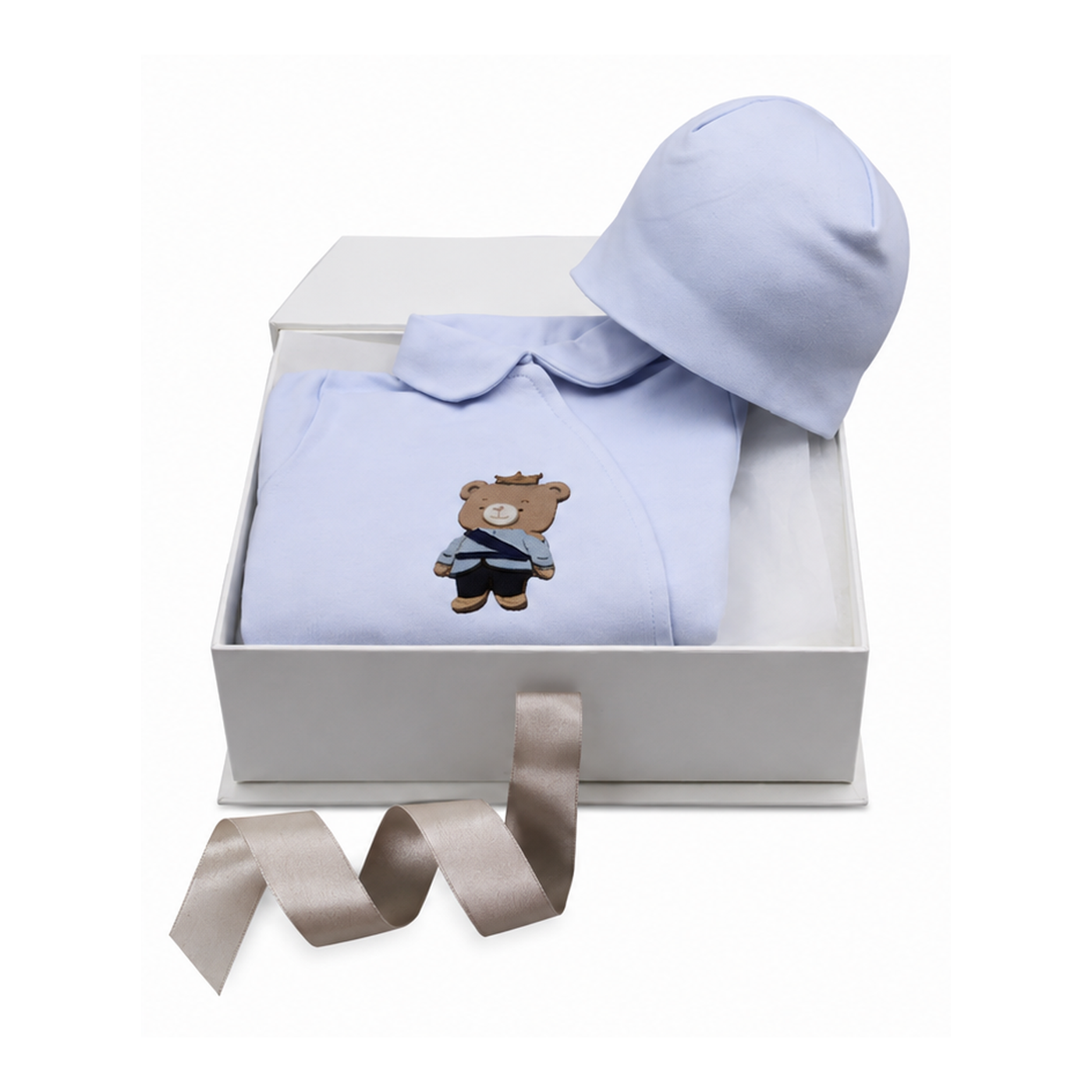 Light blue baby sleepsuit with a rounded collar and a bear appliqué, paired with a matching light blue beanie hat, presented