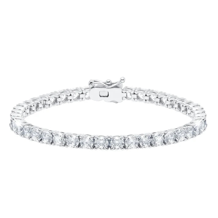 Silver-toned tennis bracelet with a continuous line of round, clear brilliant-cut stones and a box clasp.