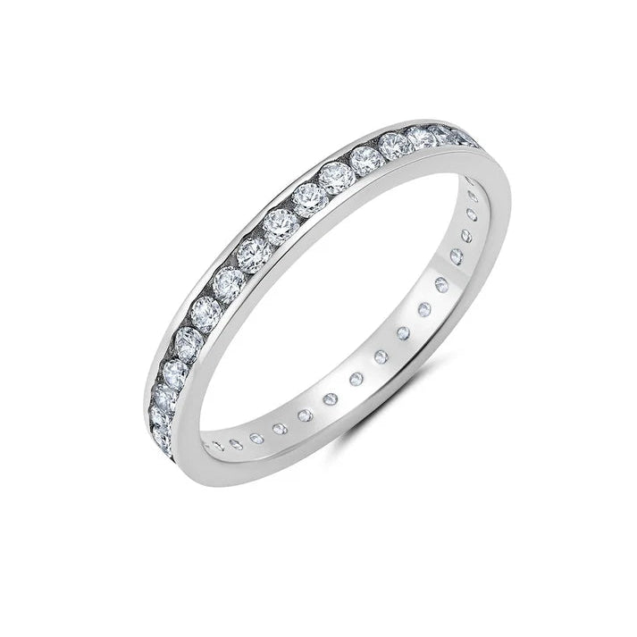 Silver-toned eternity band with clear round-cut stones