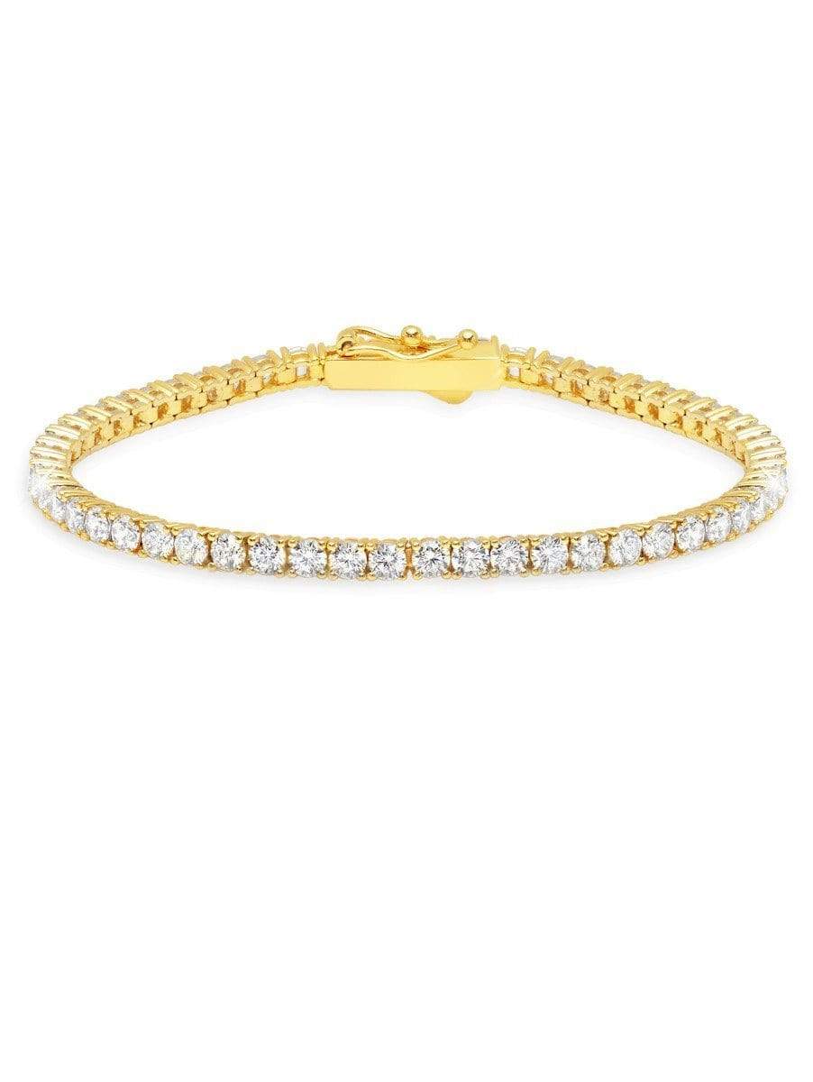 Gold-toned tennis bracelet with a continuous line of round, clear simulated diamonds and a box clasp.