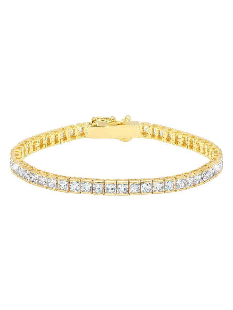 Rose gold-finished tennis bracelet with a continuous line of square-cut clear cubic zirconia stones and a box clasp.