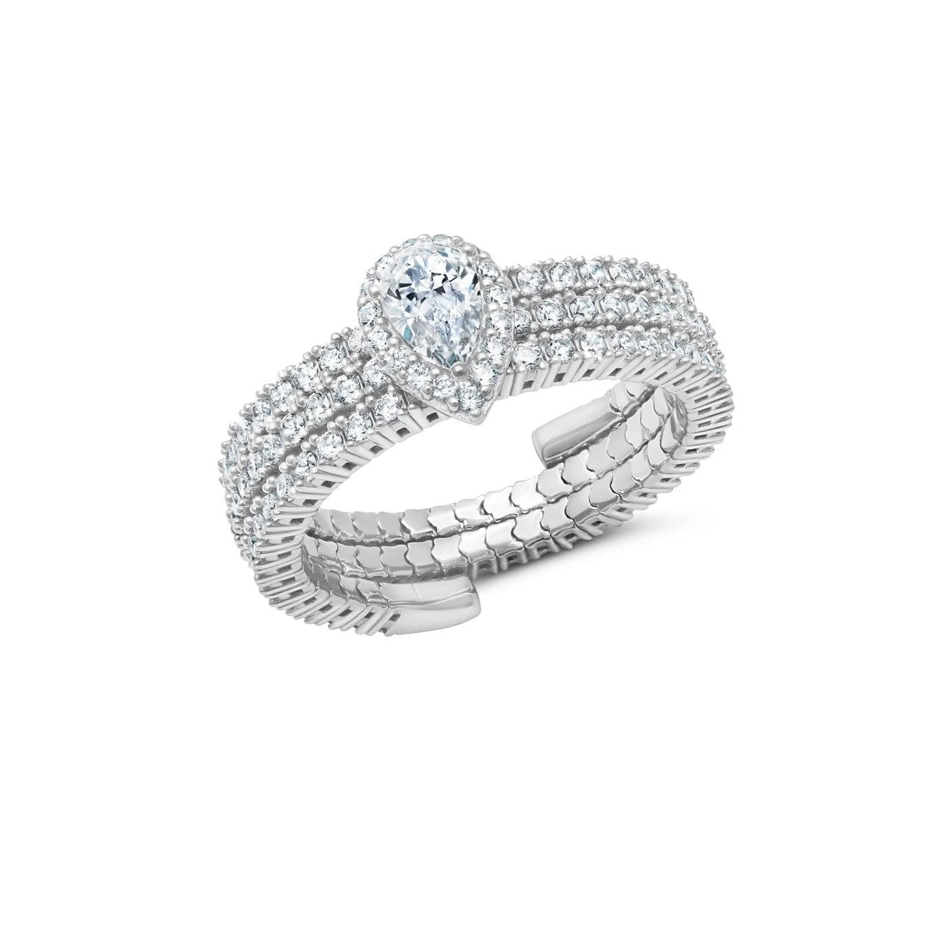 Silver-toned multiband adjustable ring with a central clear pear-shaped stone surrounded by smaller clear stones.