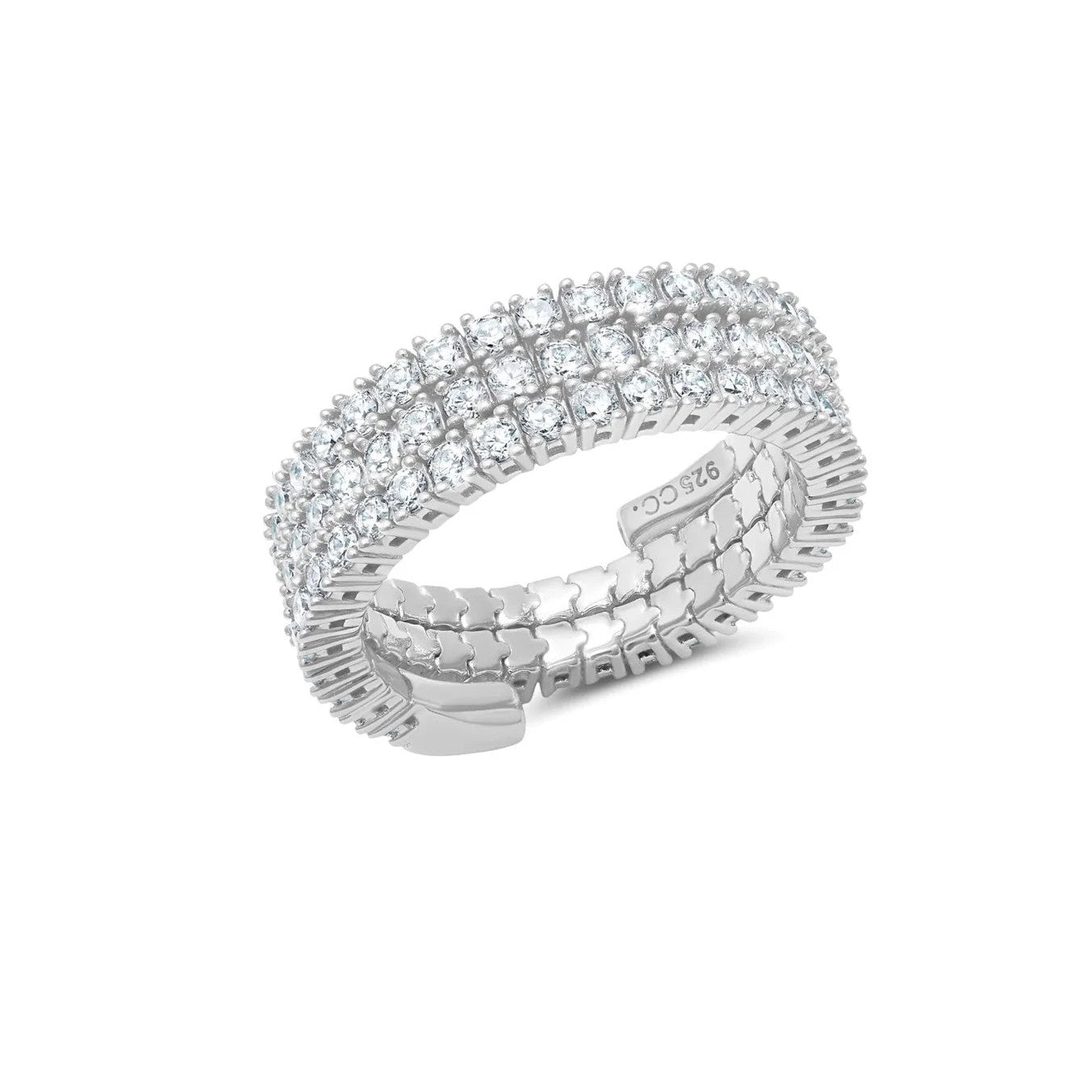 Silver-toned adjustable multi-band ring with three rows of clear cubic zirconia stones.