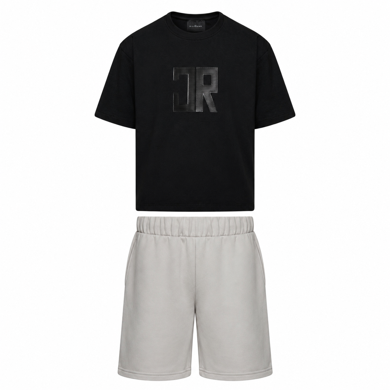 Black short-sleeved T-shirt with a textured 'JR' logo and light grey elasticated Bermuda shorts with side pockets.