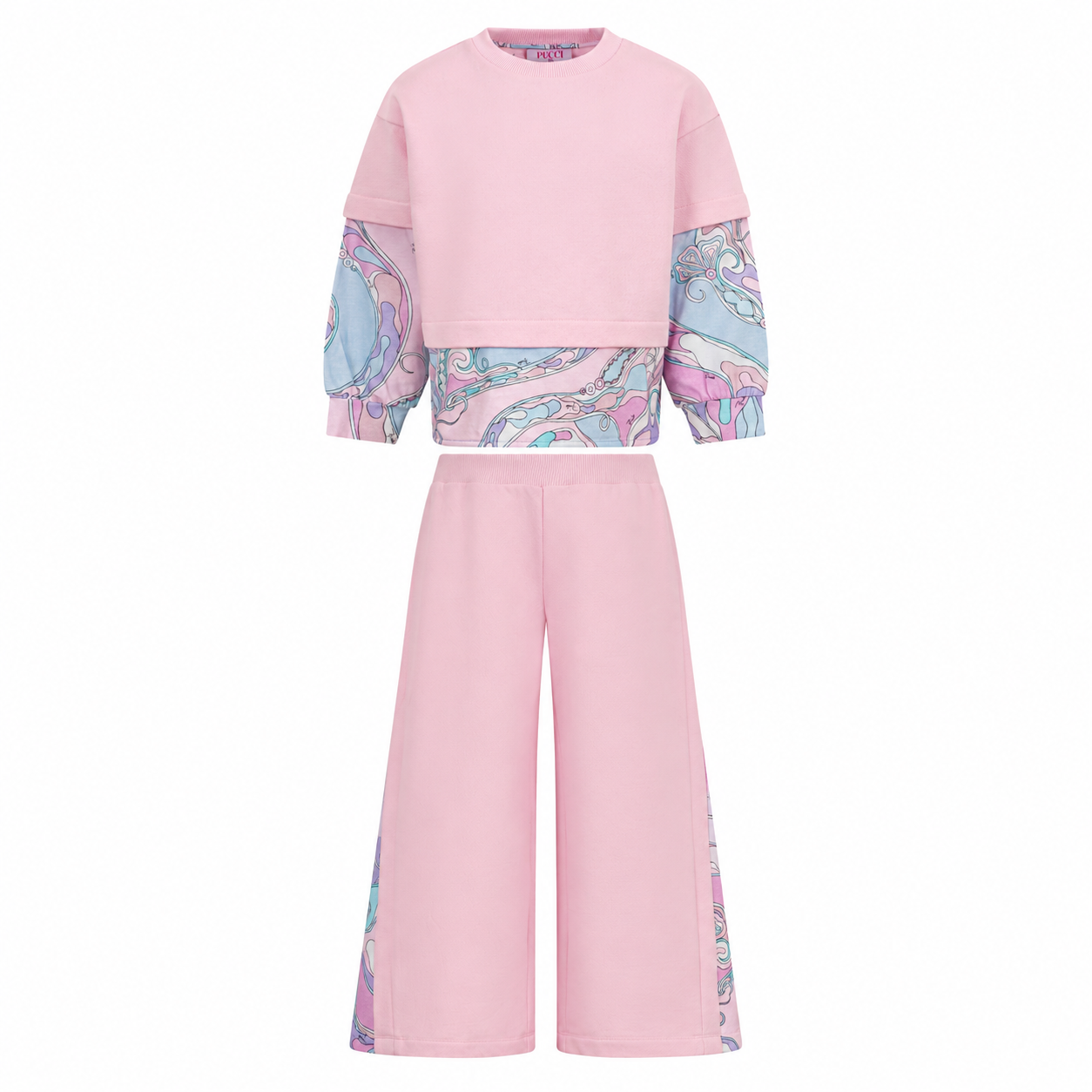 Pink kids' jogging suit with a crew-neck sweatshirt and wide-leg trousers, featuring light blue and pink abstract patterned p