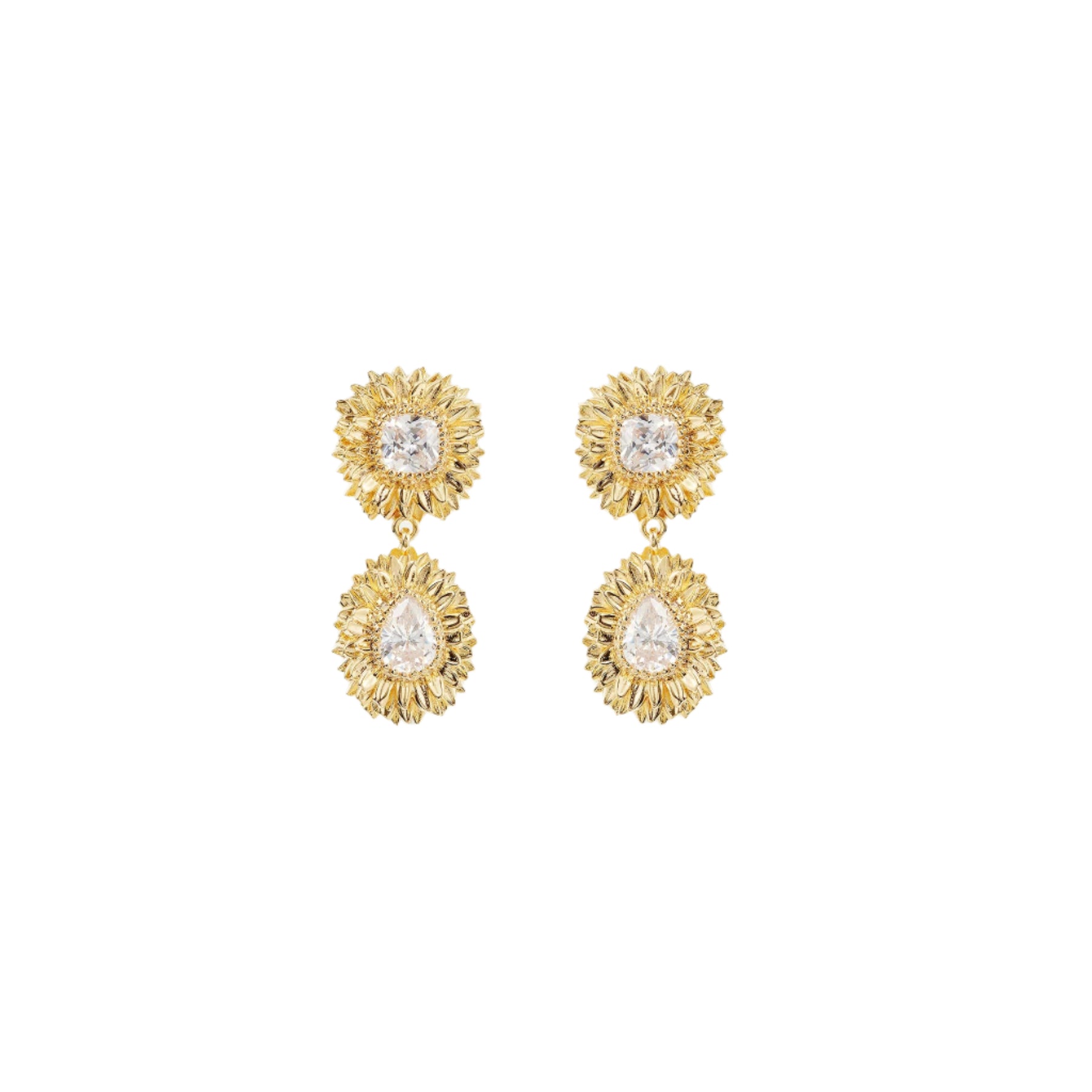 Les Nereides Golden Dandelion And Cut Stone Dangle Post Earrings