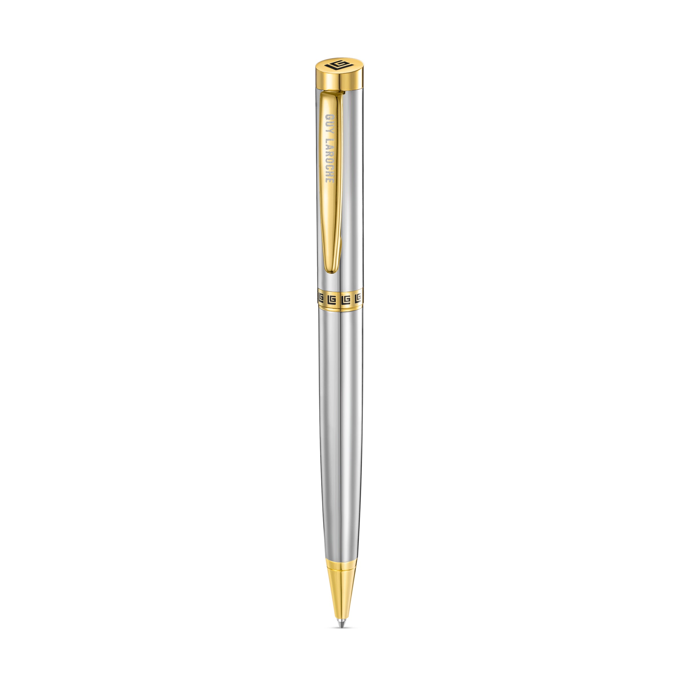 Guy Laroche Romain luxury ballpoint pen in sleek stainless steel with gold-plated accents and signature GL monogram detailing.