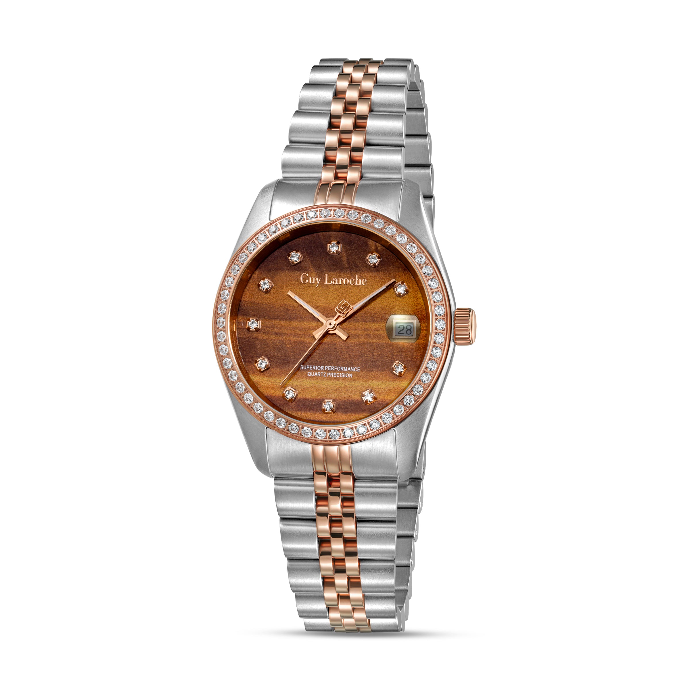 Guy Laroche Rosalie women's watch featuring a natural brown Tiger's Eye dial, crystal-set bezel, and two-tone silver and rose gold jubilee bracelet.