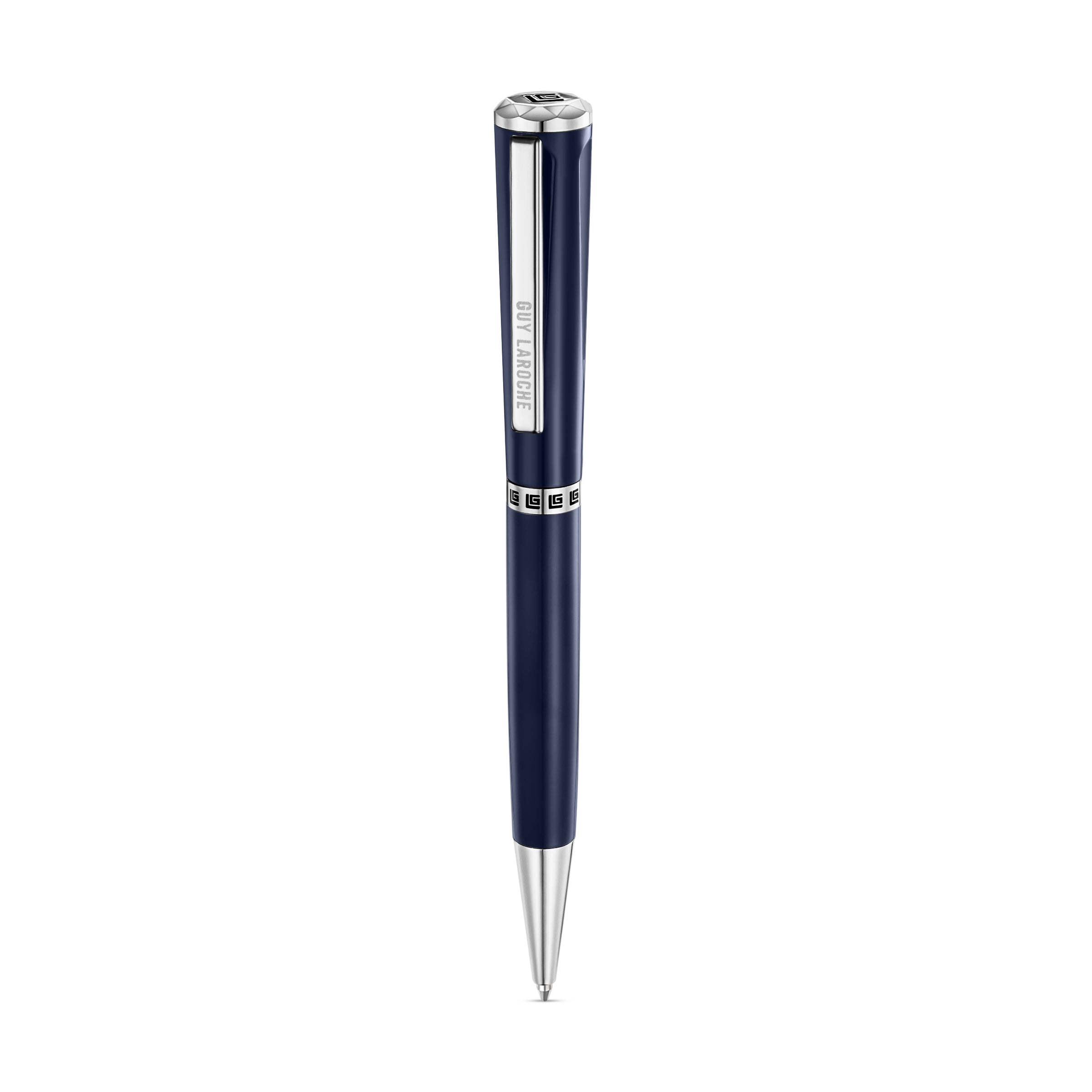 Guy Laroche Vincent luxury ballpoint pen in deep blue enamel with silver stainless steel accents and diamond-cut cap detail.