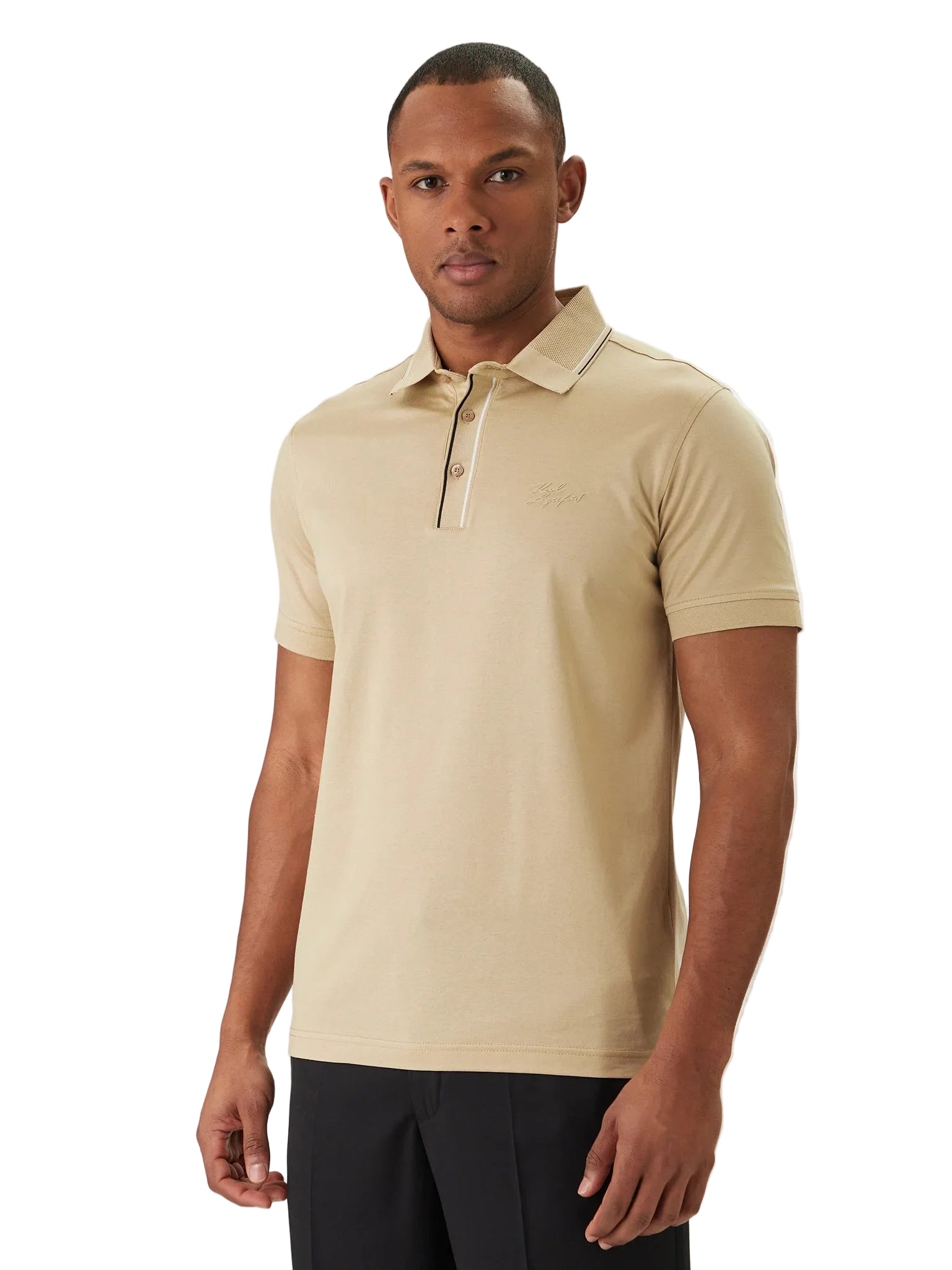Light beige short-sleeved polo shirt with a two-button placket and embroidered logo on the chest.