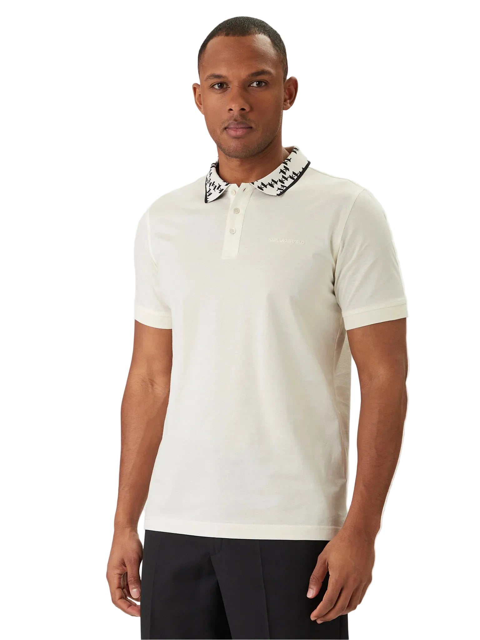 Off-white men's short-sleeved polo shirt with a black and white patterned collar and two-button placket.