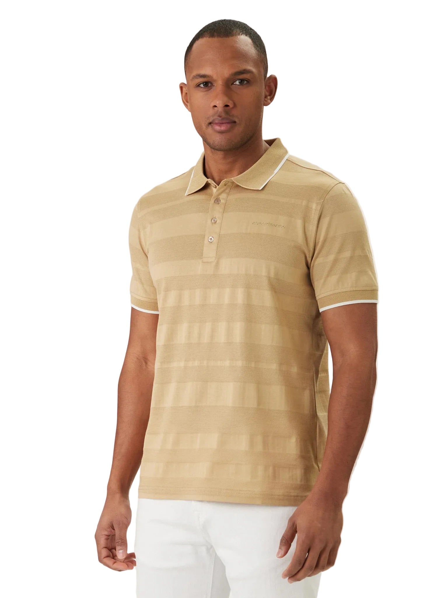 Camel-coloured men's polo shirt with textured horizontal stripes, a white-trimmed collar, and a three-button placket.