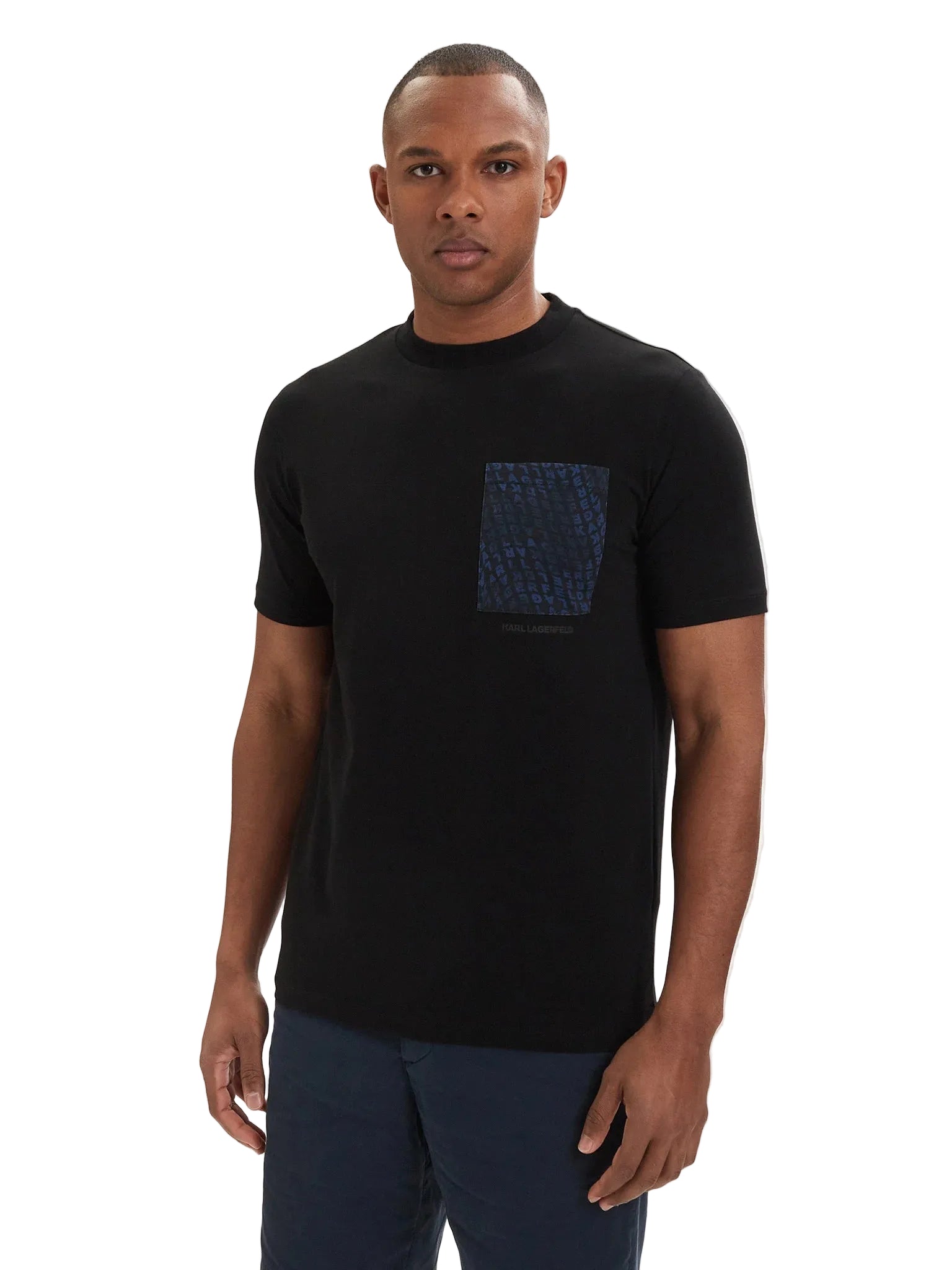 Black Karl Lagerfeld crewneck T-shirt with a dark blue patterned chest pocket.