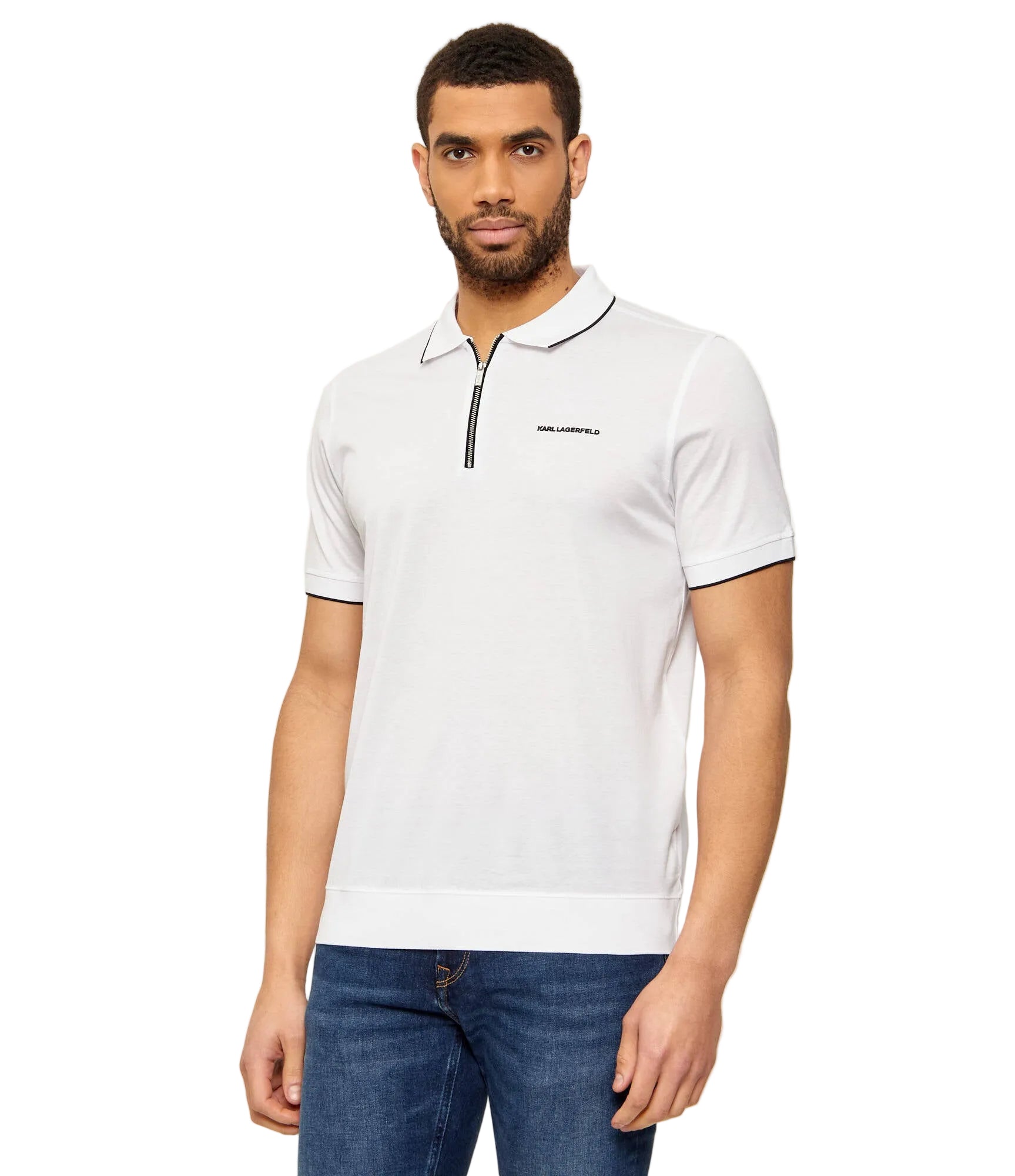 White short-sleeved men's polo shirt with black quarter-zip placket, black trim on collar and cuffs, and chest logo.