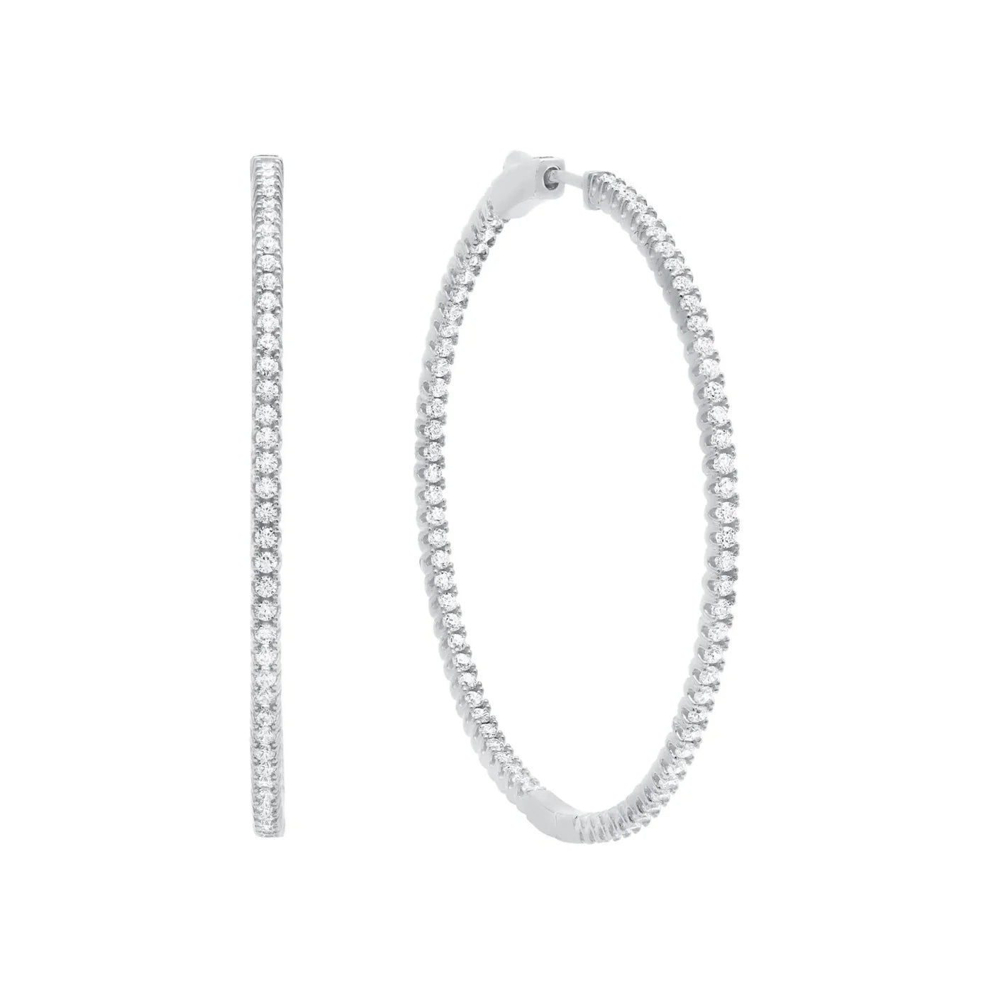 Pair of large silver-toned hoop earrings, entirely adorned with clear pave-set cubic zirconia stones.