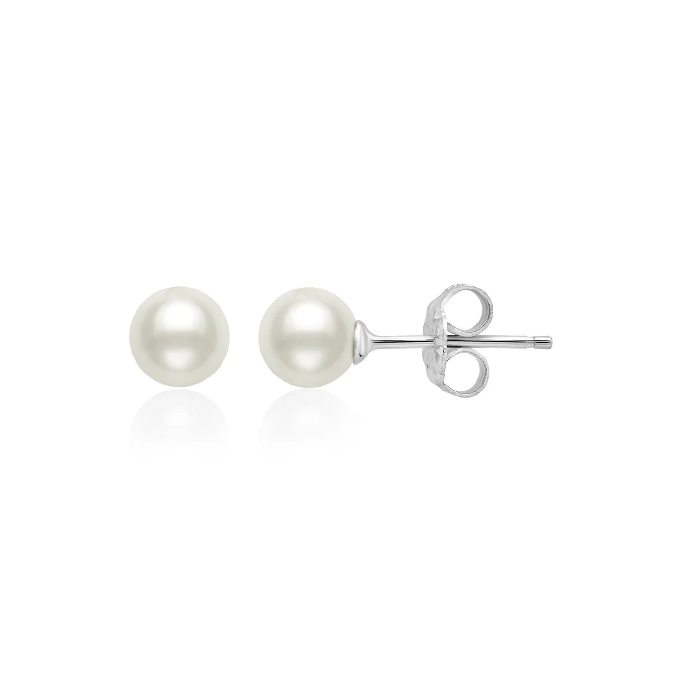 Pair of white spherical pearl stud earrings with silver-toned posts and butterfly backings.