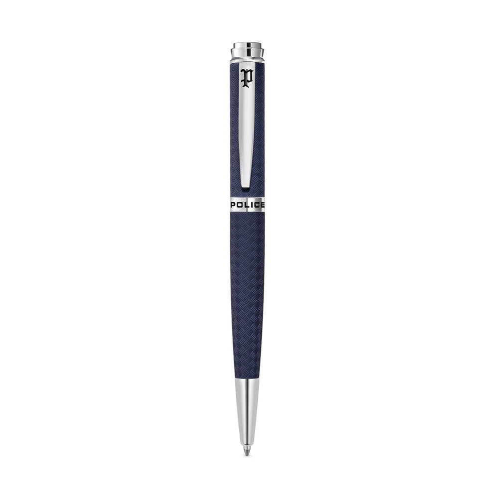 Police Franklin blue textured ballpoint pen with silver-toned cap, clip, and tip, featuring a geometric pattern.